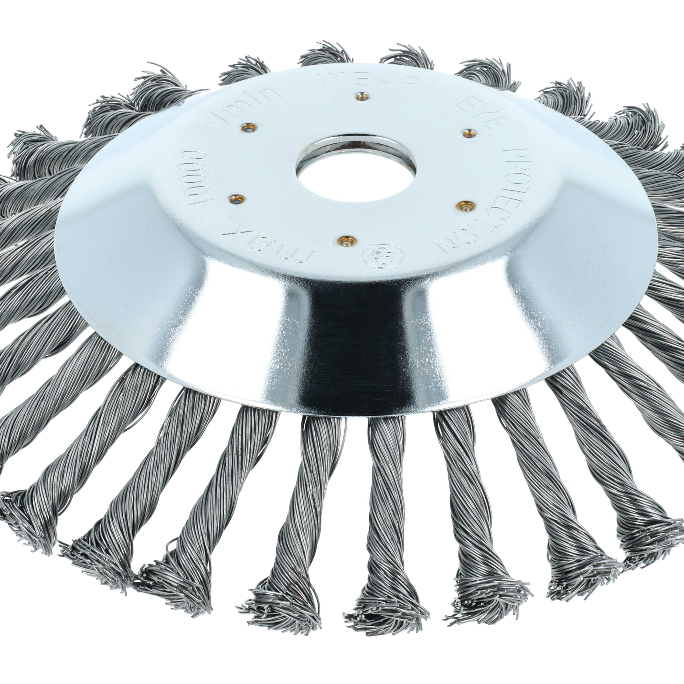 Eine Metallbürste für Elektrowerkzeuge. Sie hat eine zentrale Scheibe mit radialen Drahtbündeln.