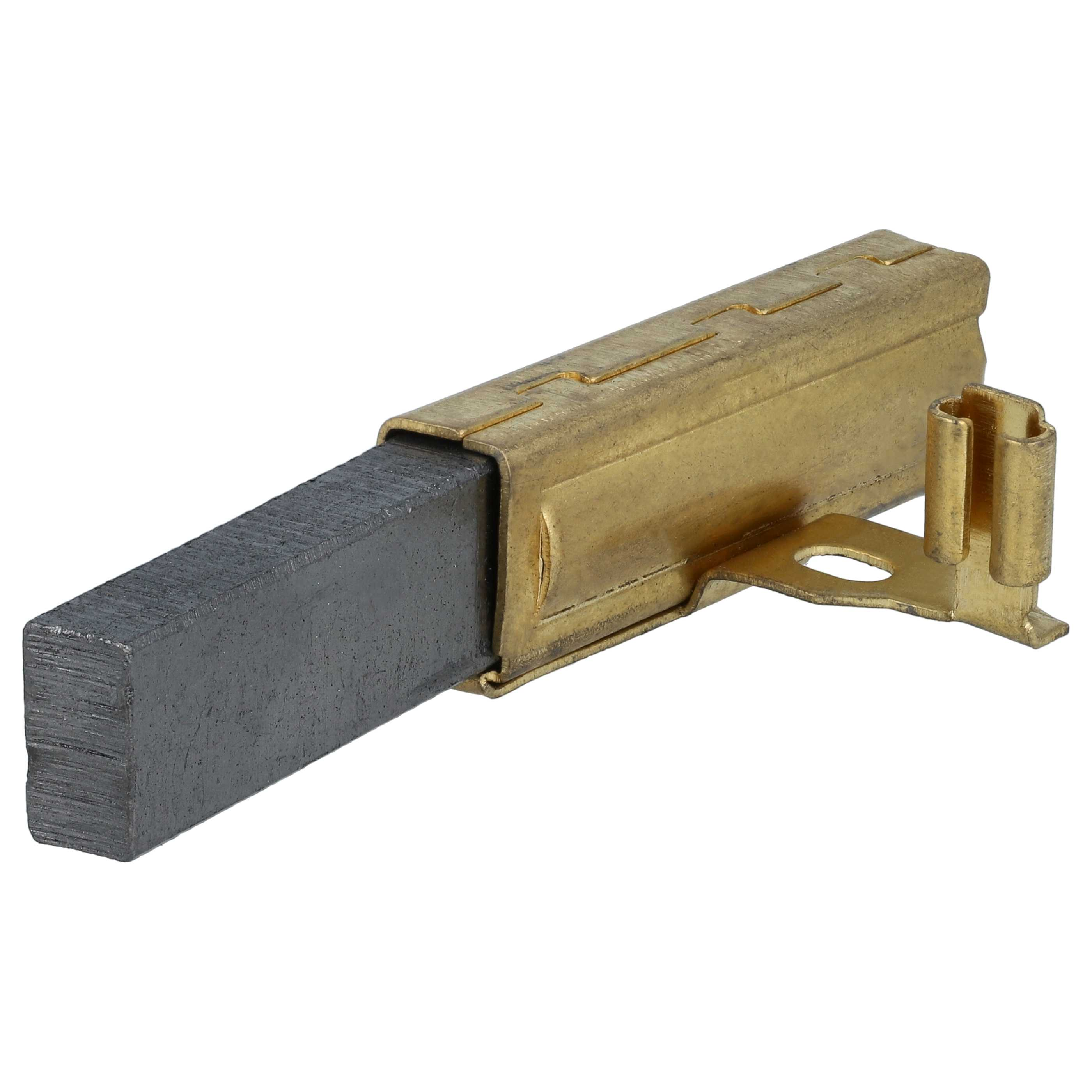 Ein rechteckiger Kohlebürsten ist in einem goldfarbenen Metallhalter mit einer Anschlusslasche auf weißem Hintergrund eingesetzt.
