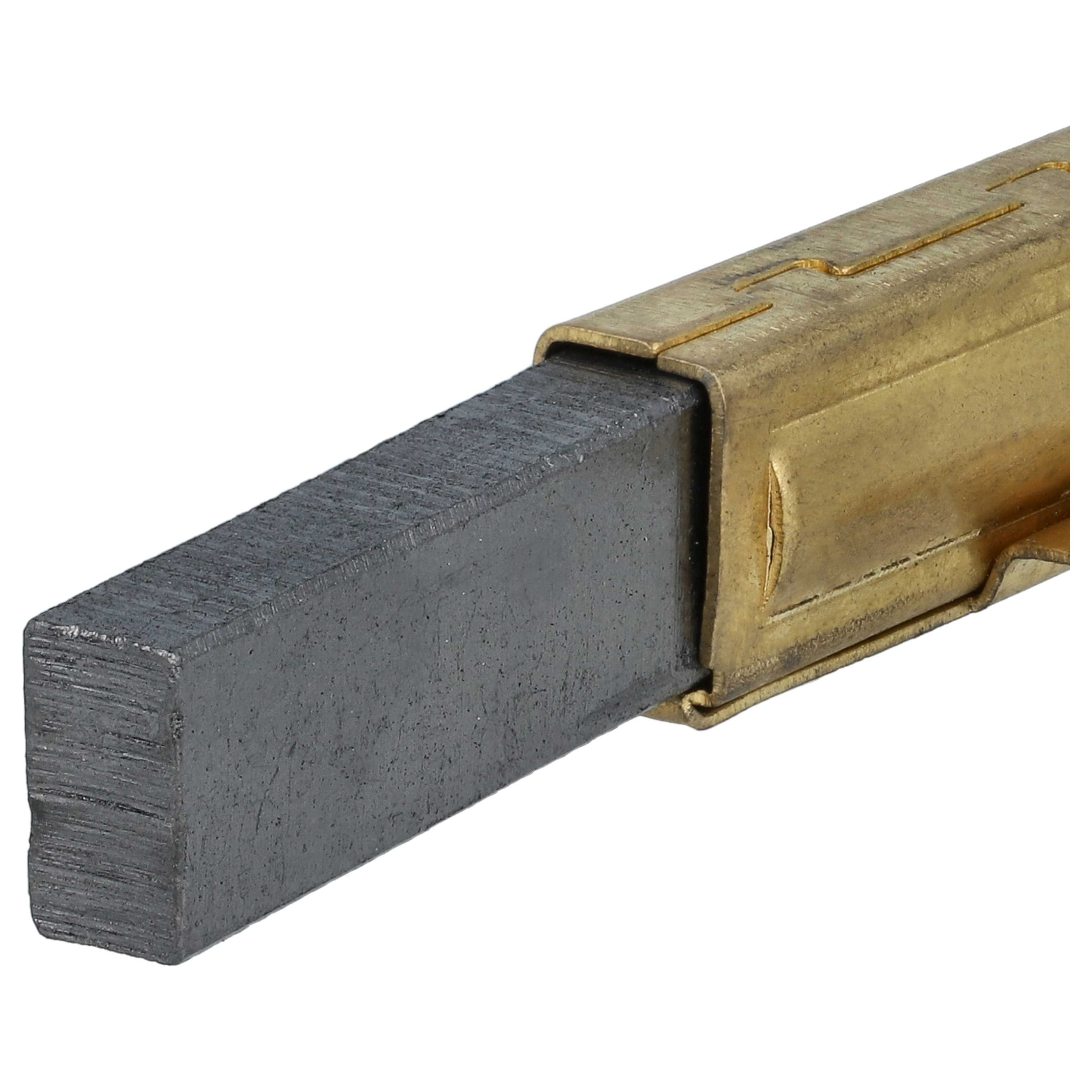 Nahaufnahme einer Kohlebürste, ein dunkelgrauer rechteckiger Block, in einem goldfarbenen Metallhalter.