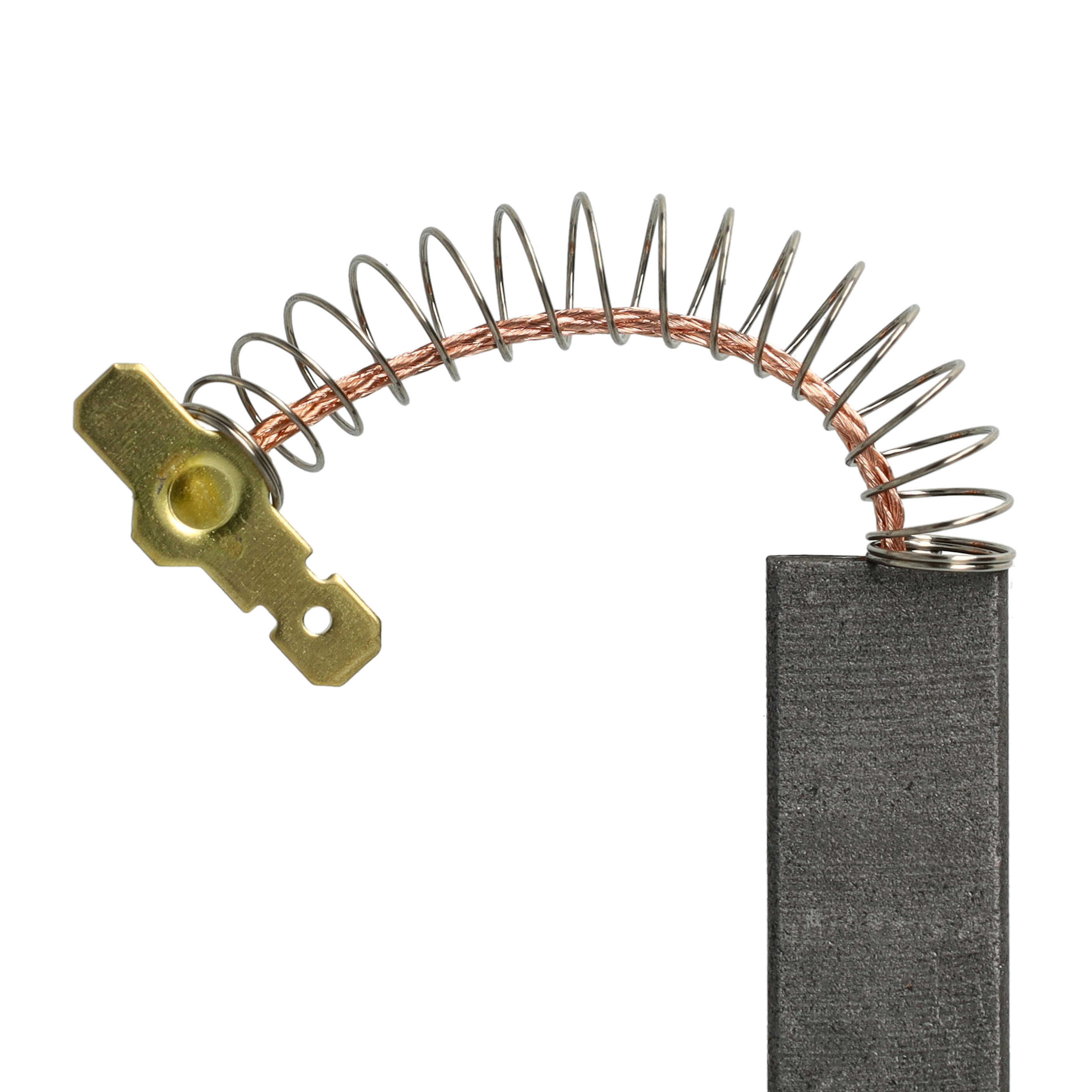 Eine Metallkomponente mit Feder, Kupferdraht und einem goldfarbenen Verbinder, auf weißem Hintergrund.