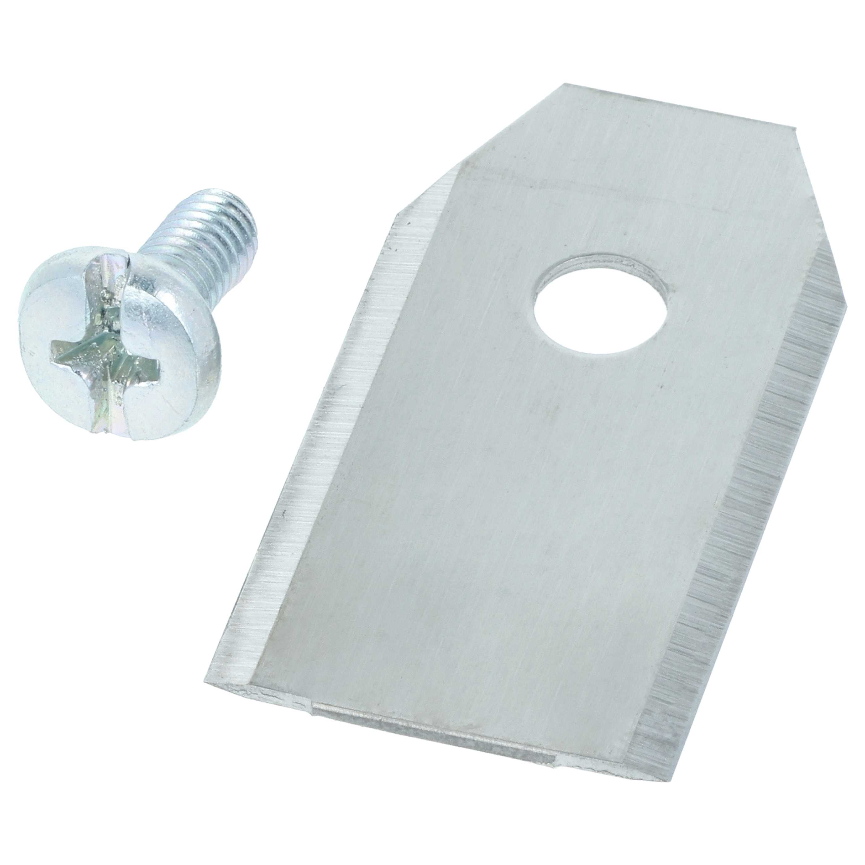 Auf Weiß liegen eine Metallklinge mit Loch und eine Schraube. Die Klinge ist scharf und silbern. Die Schraube auch.