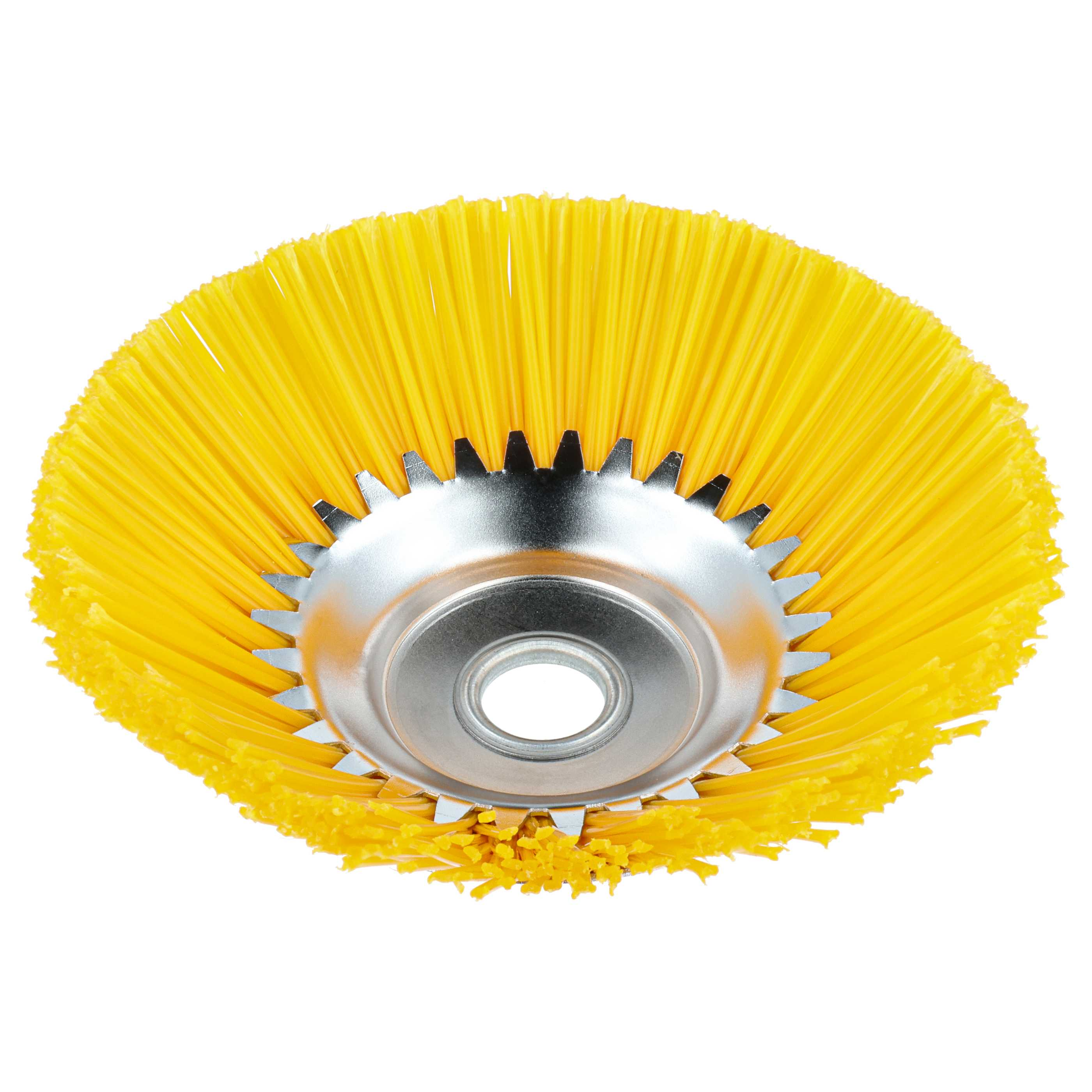 Eine gelbe Drahtbürste. Sie ist kreisförmig mit einem Metallsockel und einem Kranz aus gelben Borsten.