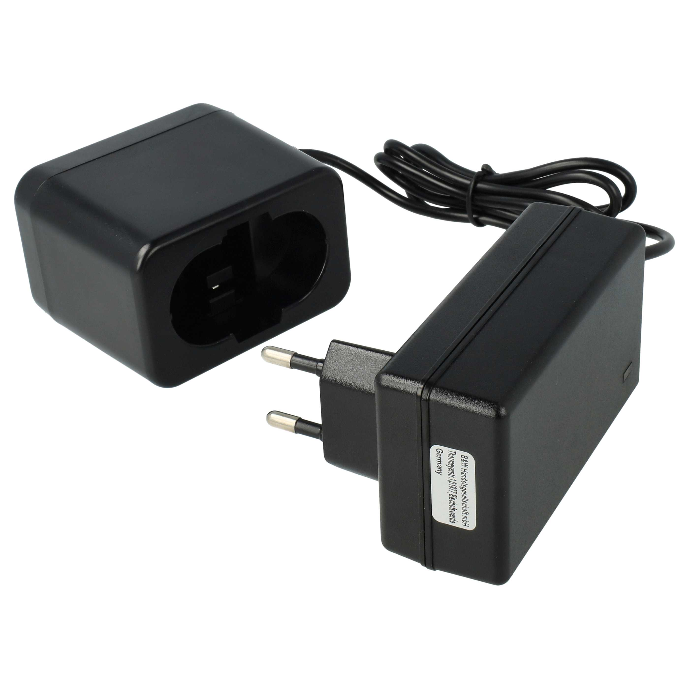 Ein schwarzes Ladegerät mit zwei Teilen, einer Ladestation und einem Netzteil mit Kabel und Stecker.