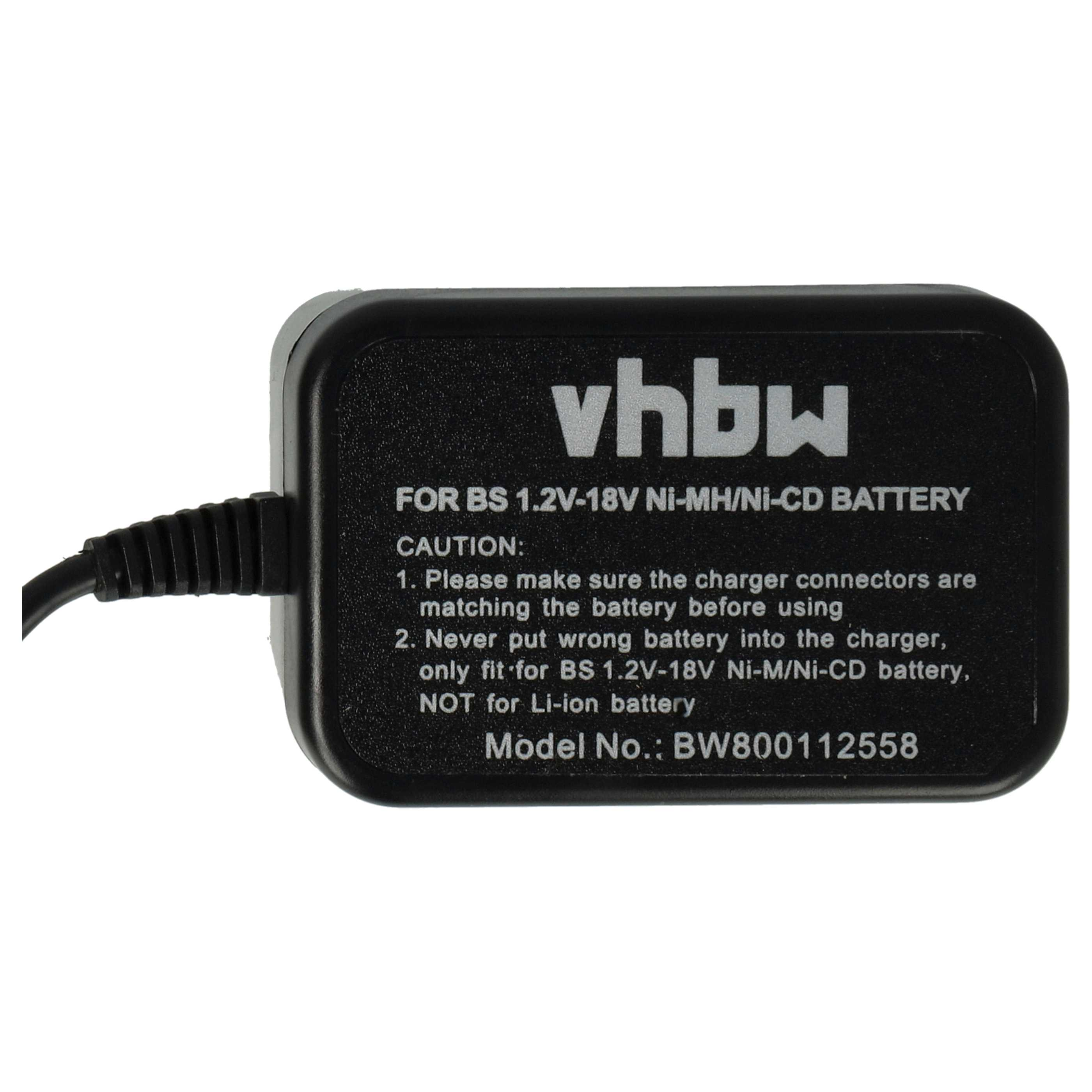 Schwarzes vhbw-Batterieladegerät mit Text. Es hat ein Kabel links. Text enthält Modellnummer und Batterietyp.