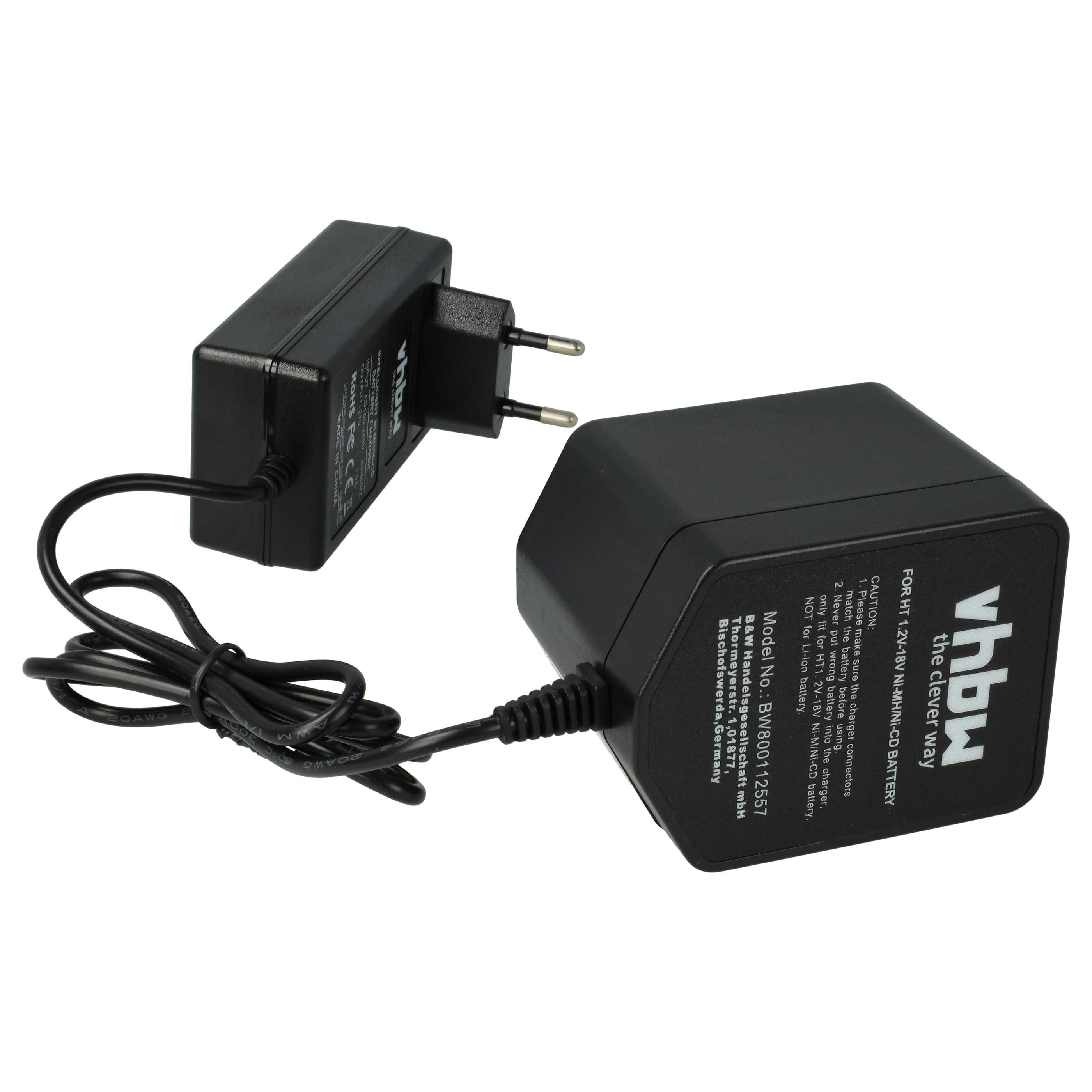 Schwarzes Ladegerät mit Stecker und Kabel. Text auf dem Ladegerät lautet 'vhbw the clever way' und 'Model No.: BW800112557'.