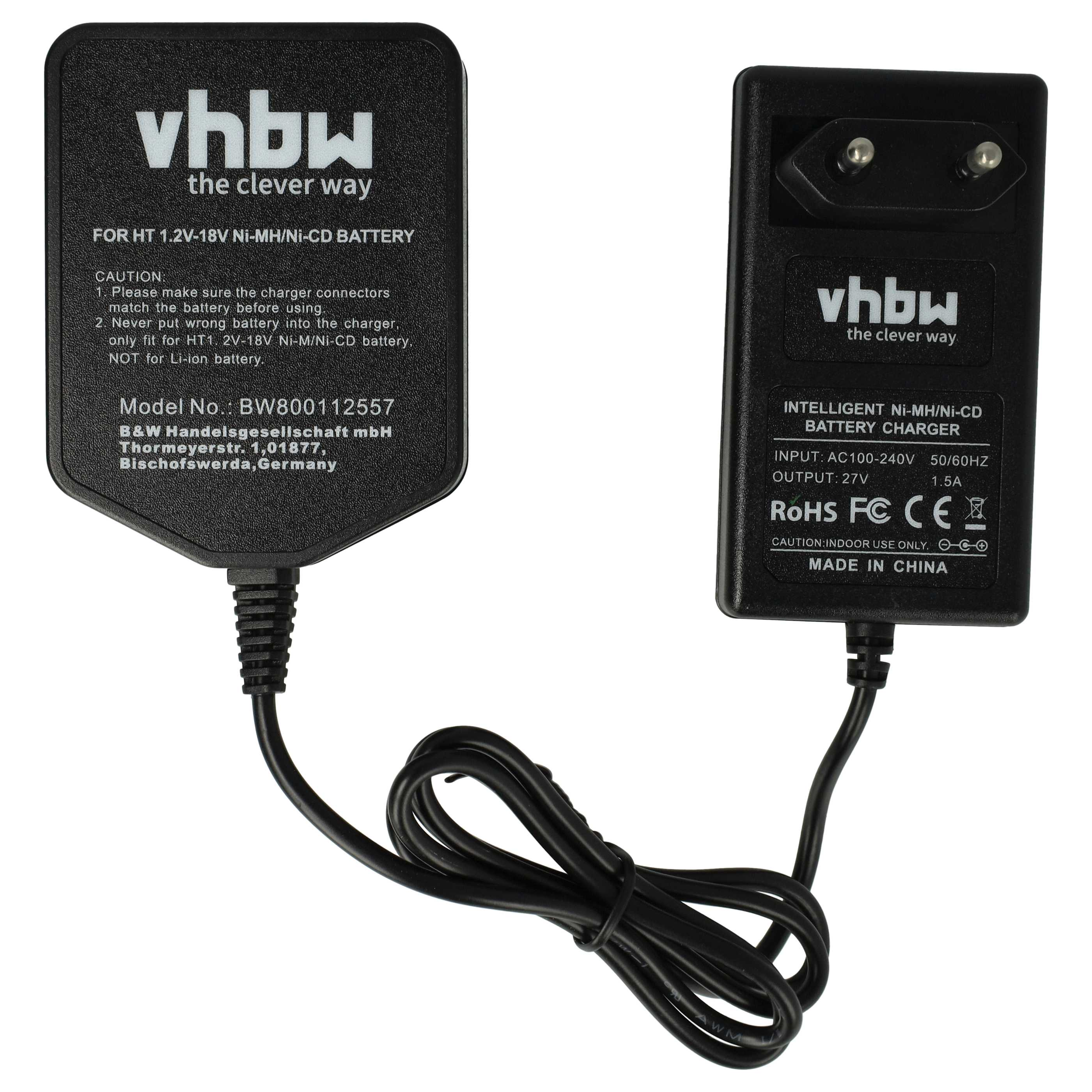 Zwei schwarze Ladegeräte mit Netzkabeln. Beide tragen das Logo "vhbw" und Text. Eines hat einen Stecker, das andere Anweisungen.