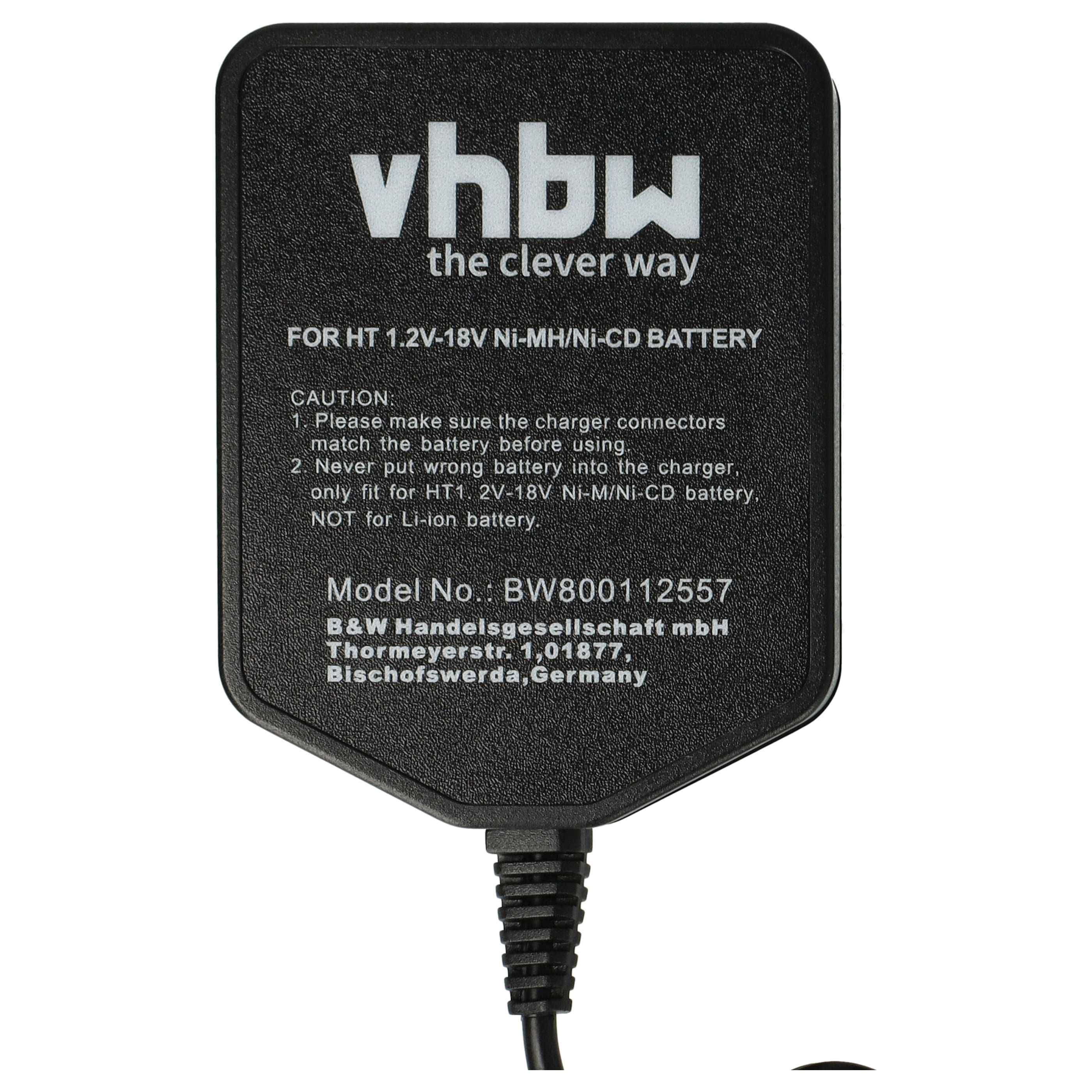 Schwarzes Ladegerät mit weißem Text: vhbw, the clever way, Modellinfo. Ein schwarzes Kabel geht nach unten ab.