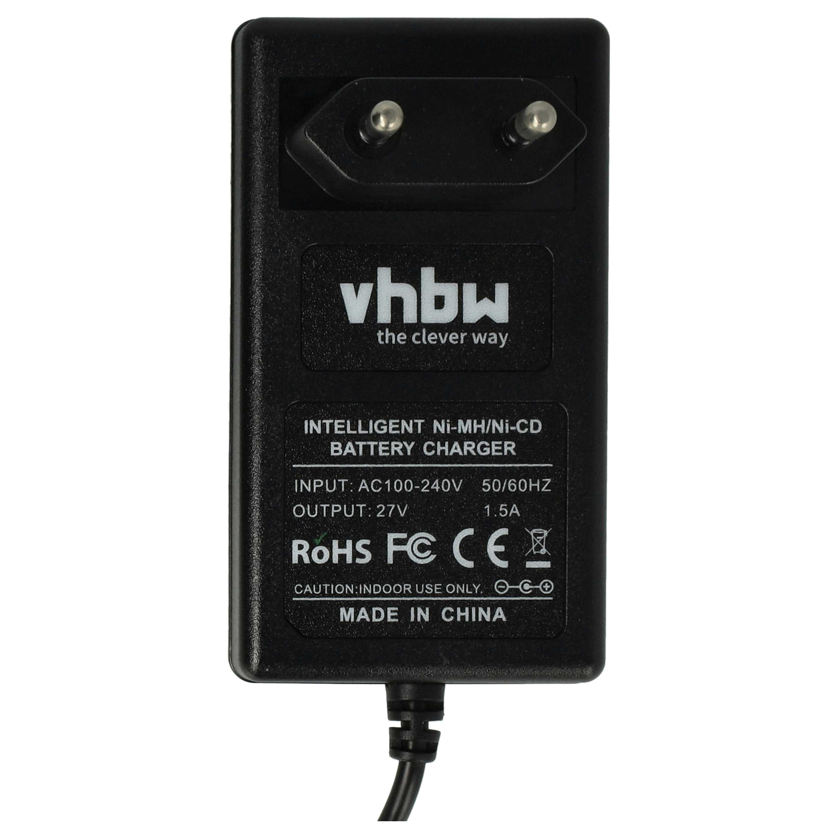 Schwarzes Batterieladegerät mit Stecker, weißer Text: vhbw, Ladegerätdetails und Made in China. Schwarzes Kabel unten.