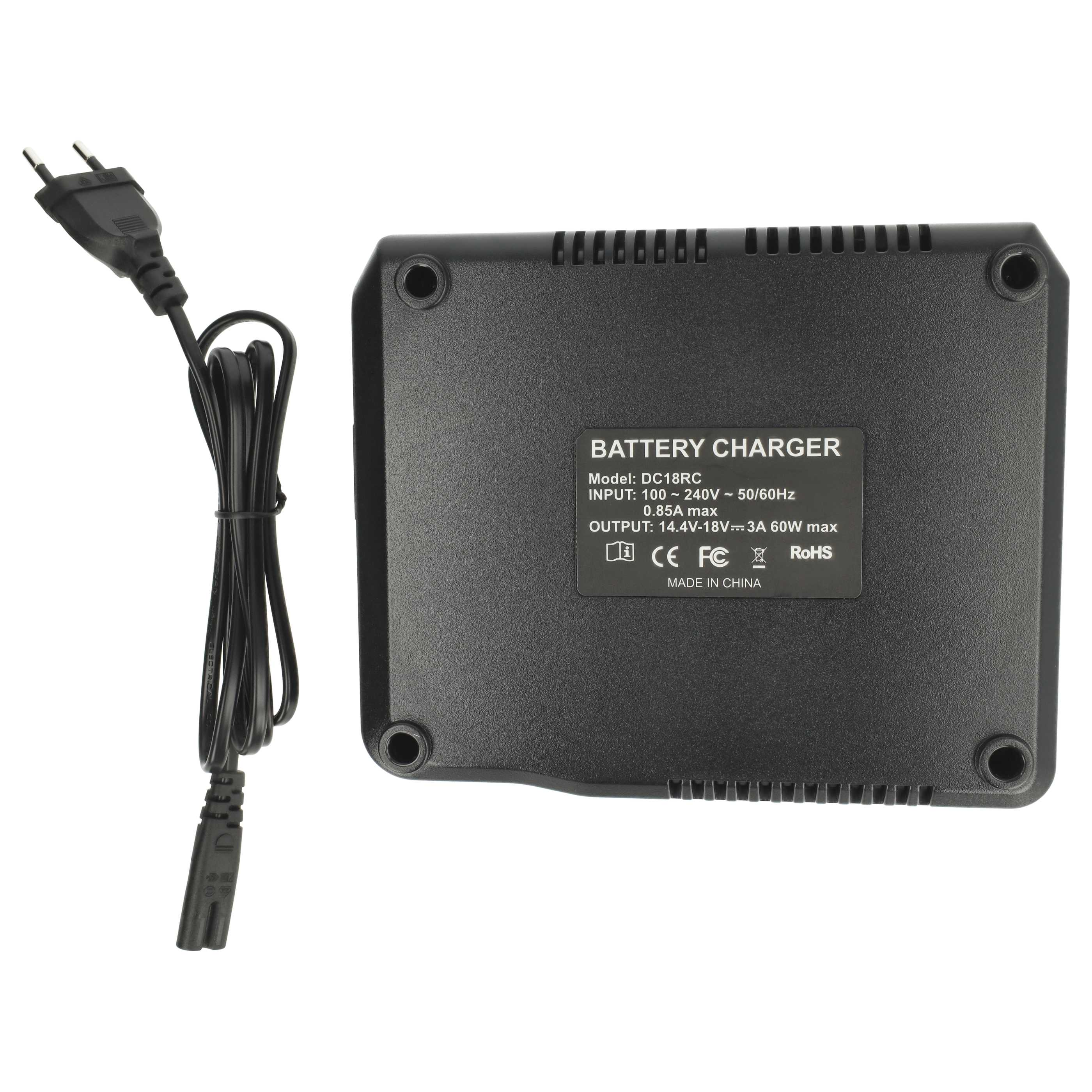 Ein schwarzes Batterieladegerät mit Netzkabel. Auf dem Ladegerät steht 'BATTERY CHARGER' und technische Daten.