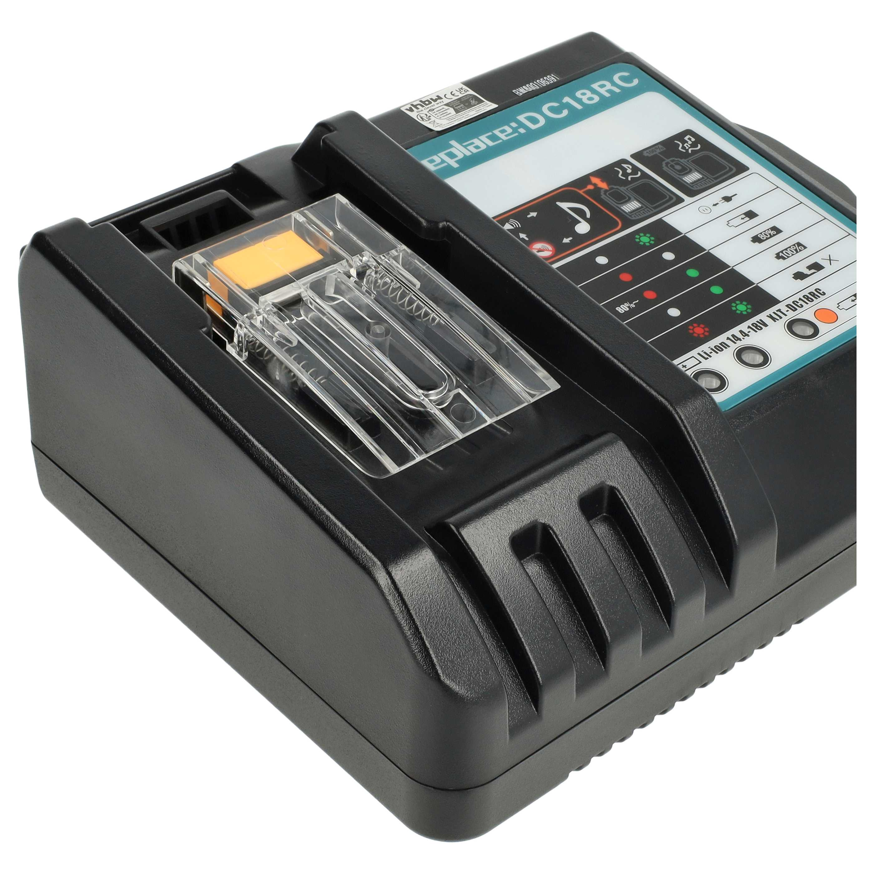 Schwarzes Batterieladegerät mit transparentem Fach und Digitalanzeige. Es hat verschiedene Ladezustandsanzeigen.