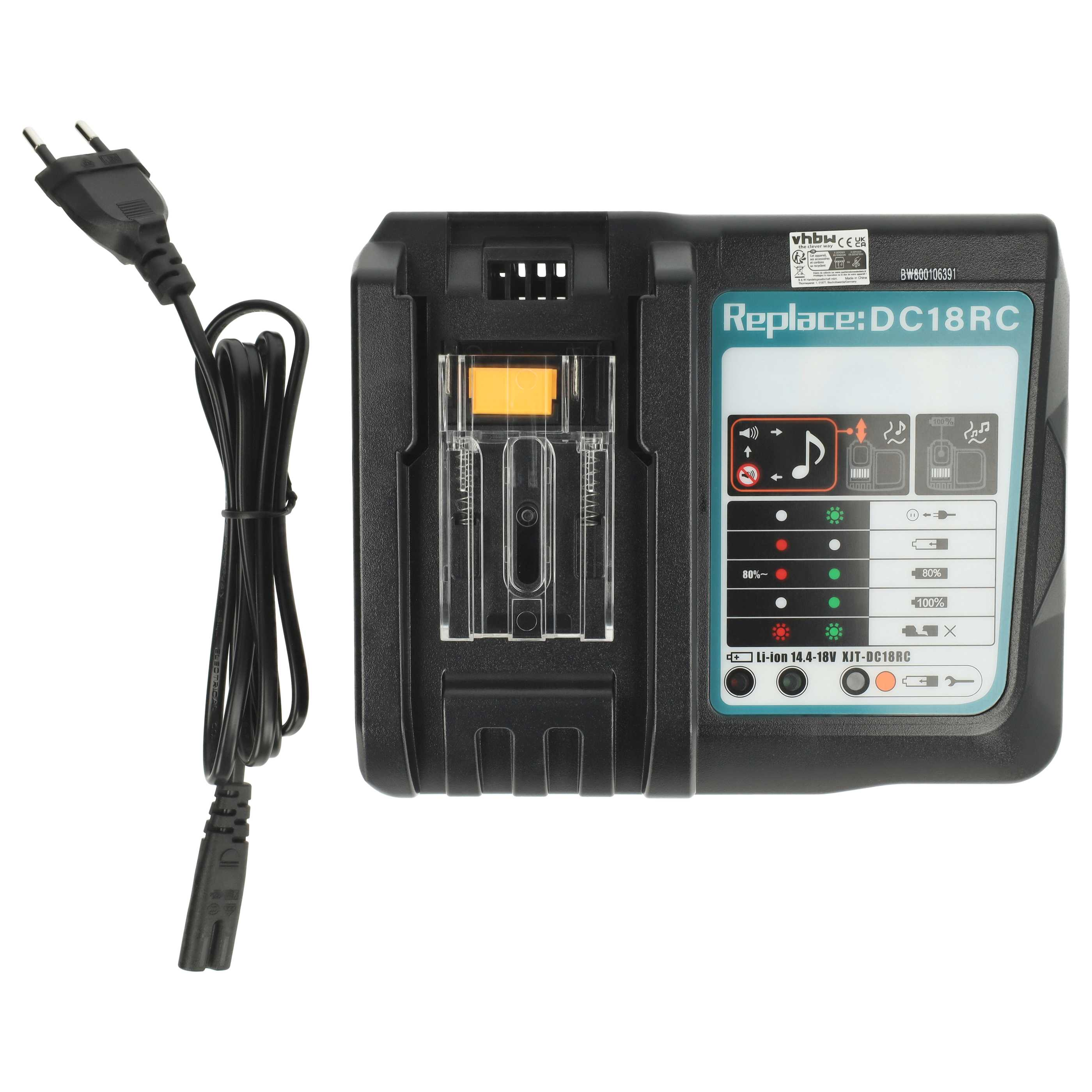 Ein schwarzes Batterieladegerät mit Netzkabel. Das Ladegerät hat einen LCD-Bildschirm und Kontrollleuchten. Das Kabel hat einen Stecker.