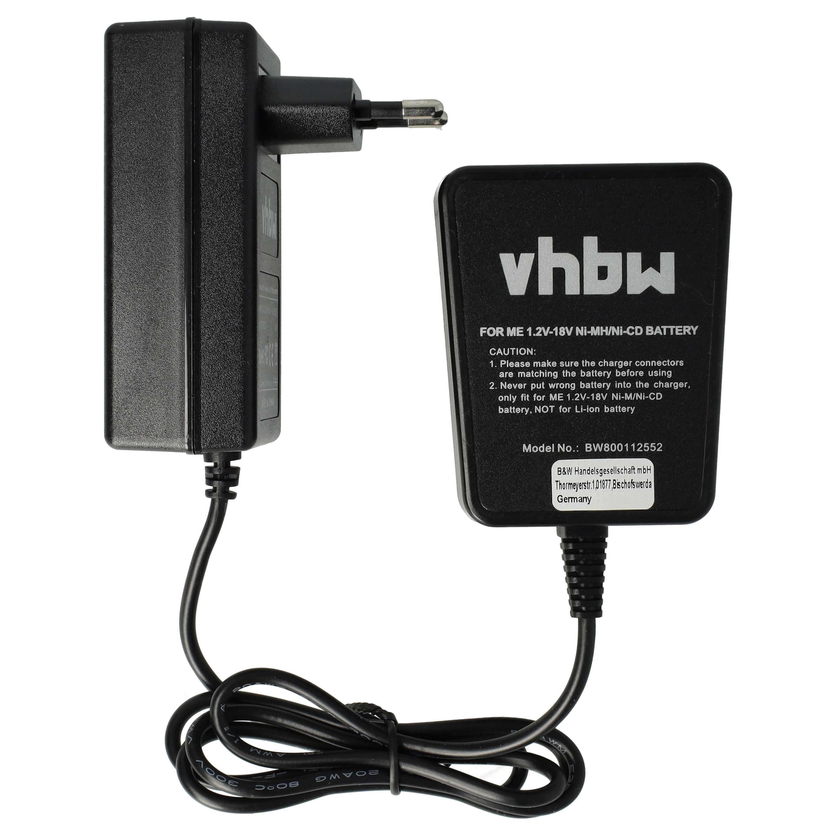 Schwarzes Ladegerät mit Stecker und Aufschrift 'vhbw', Kabel. Für ME 1,2V-18V Ni-MH/Ni-CD-Batterie.