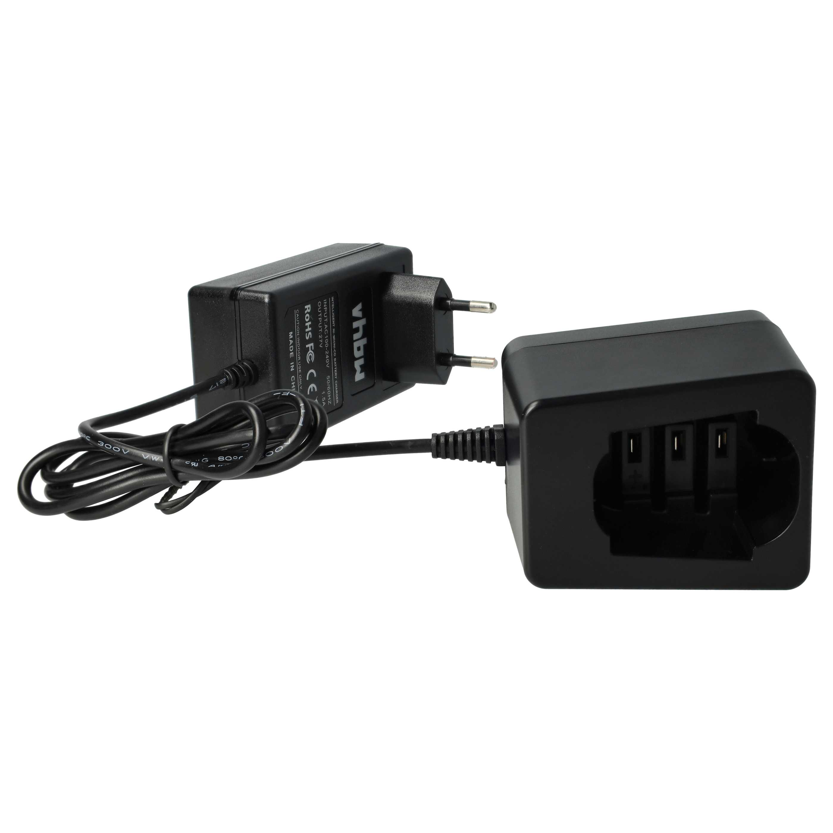 Ein schwarzes Batterieladegerät mit Stecker, Ladestation und schwarzem Kabel. Das Ladegerät hat Text.