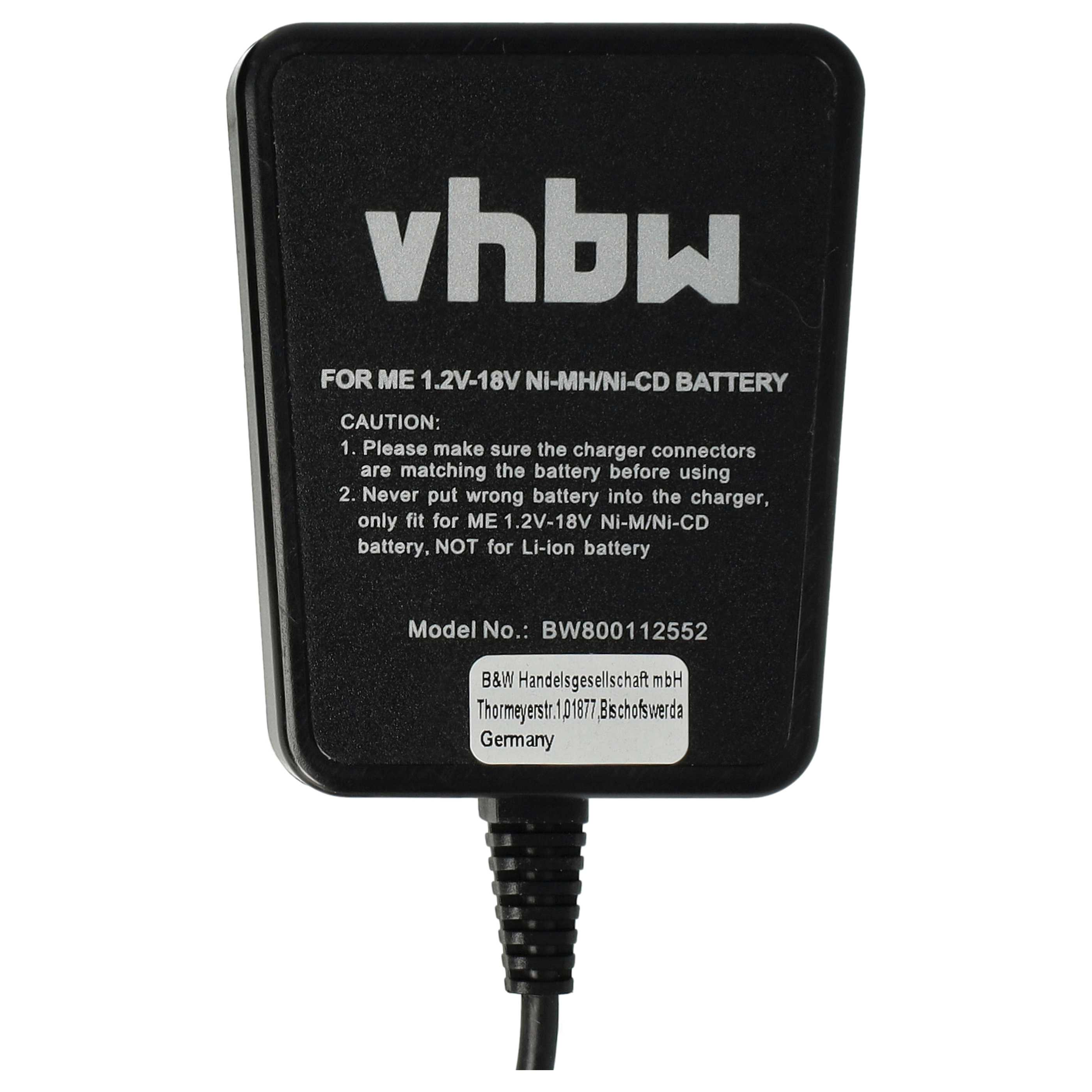 Ein schwarzes Ladegerät mit weißem Text 'vhbw'. Es hat Anweisungen und ein Firmenetikett. Ein schwarzes Kabel ist befestigt.