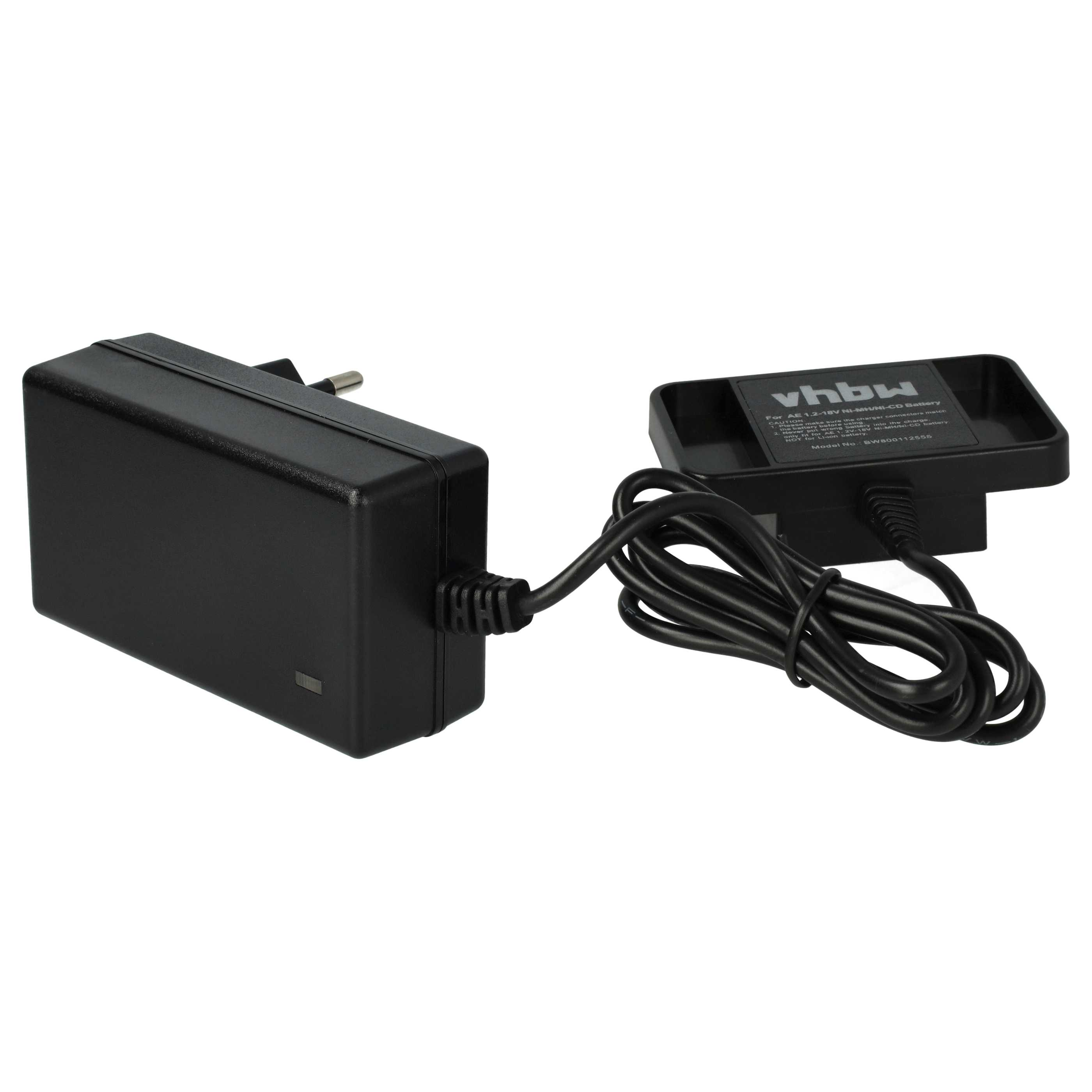 Schwarzes Ladegerät und Batteriebasis mit schwarzem Kabel. Die Basis hat ein Etikett mit der Aufschrift vhbw. Das Ladegerät hat einen Stecker.