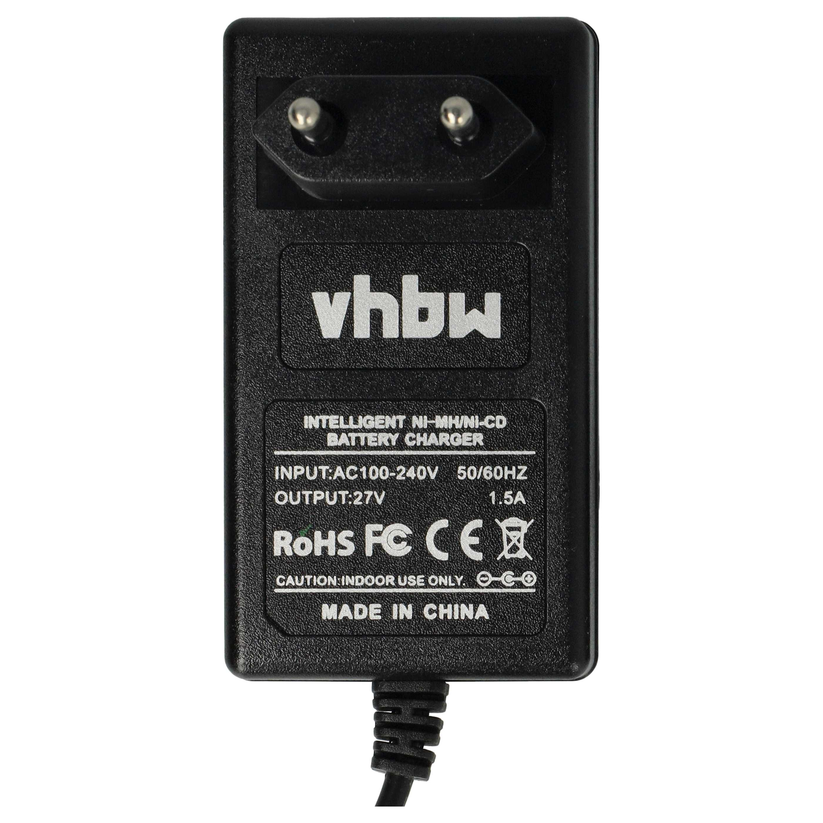 Schwarzes vhbw-Batterieladegerät mit Stecker. Details umfassen Text zu Spannung, Strom und Herkunft in China.