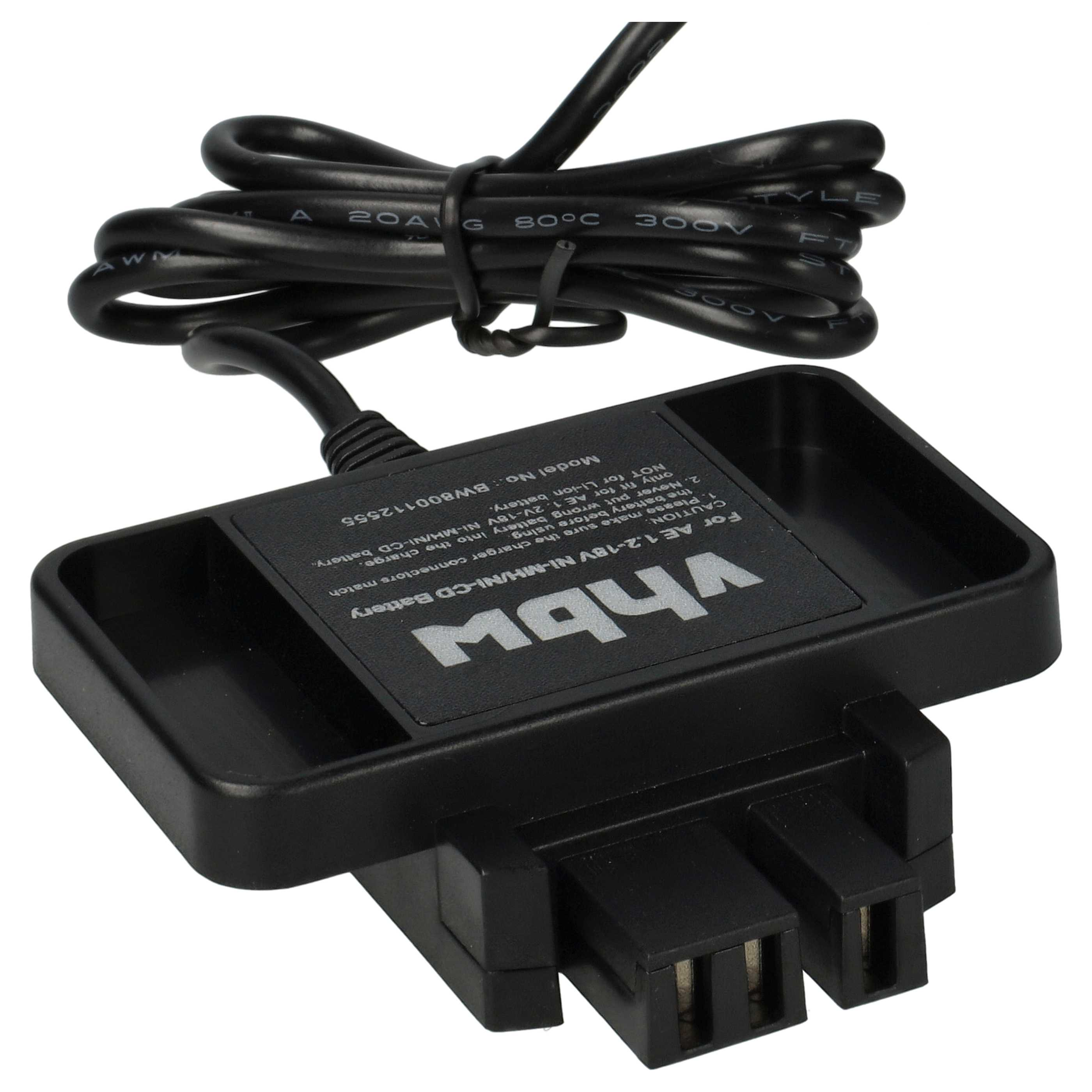 Schwarzes Batterieladegerät mit schwarzem Kabel und zwei Stiften. Auf dem Ladegerät steht Text.