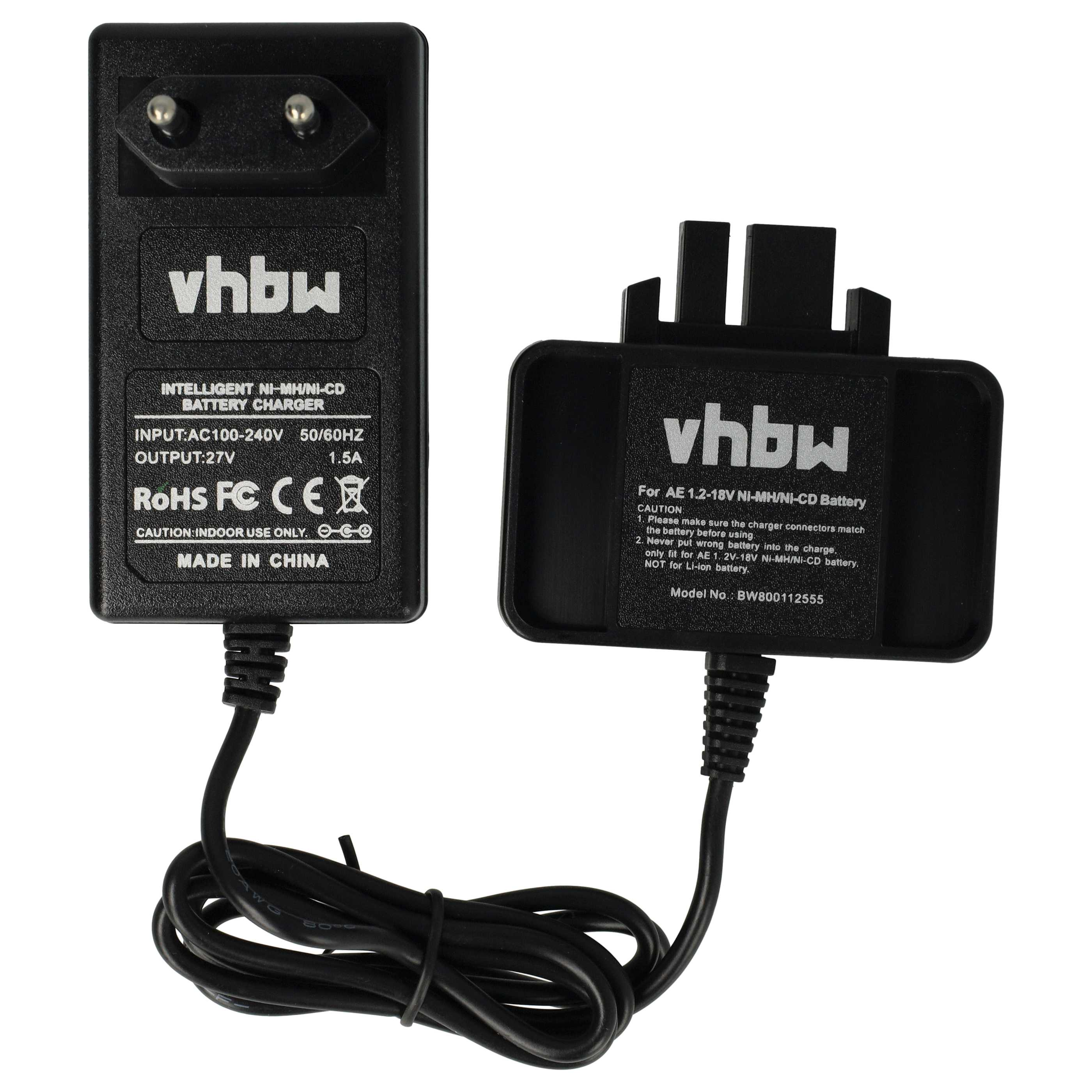 Zwei schwarze Batterieladegeräte mit Kabeln, eines mit Stiften, das andere mit einem Stecker. Beide tragen die Marke vhbw.