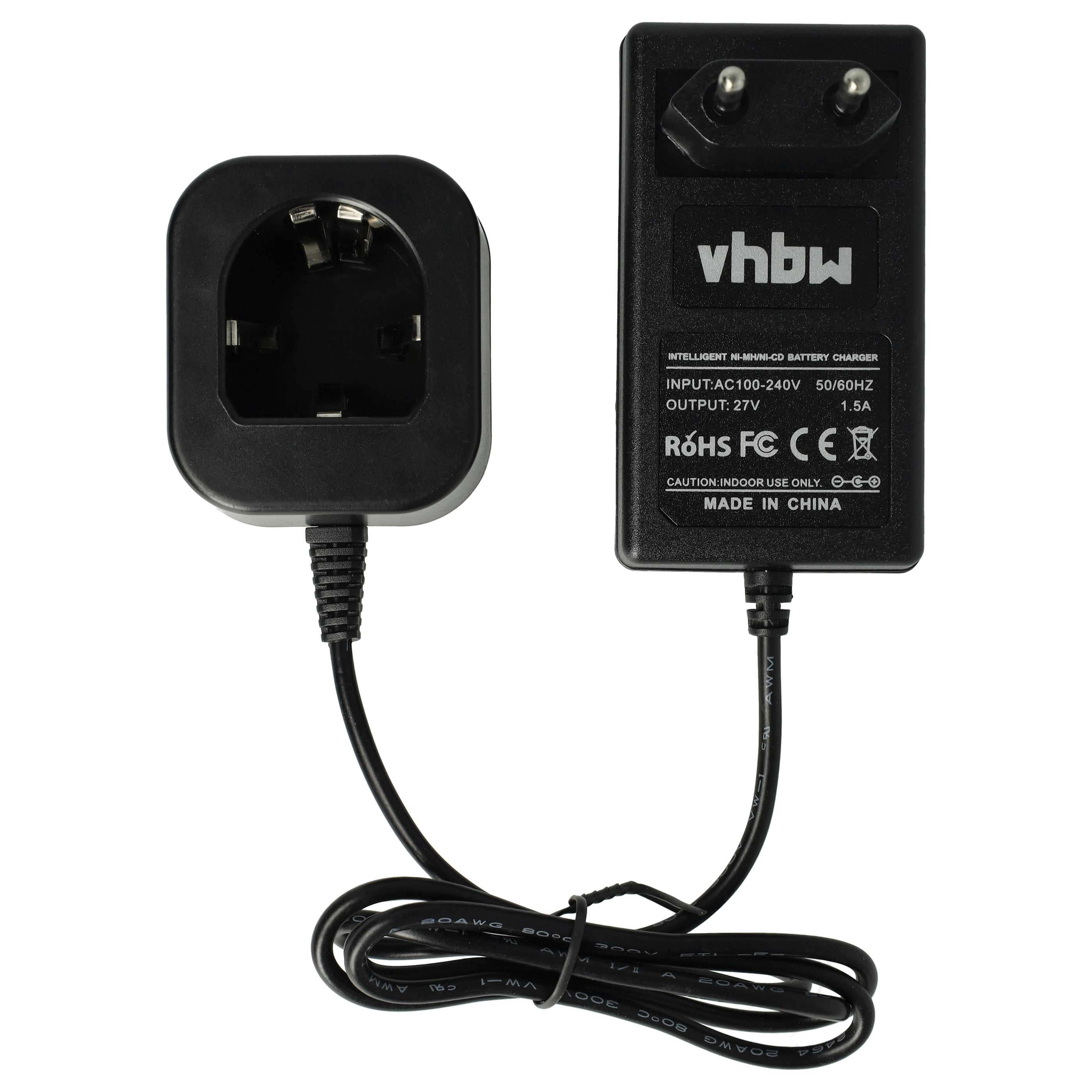 Schwarzes Batterieladegerät mit zwei Teilen, die durch ein Kabel verbunden sind. Ladegerät hat Text 'vhbw' und technische Details.