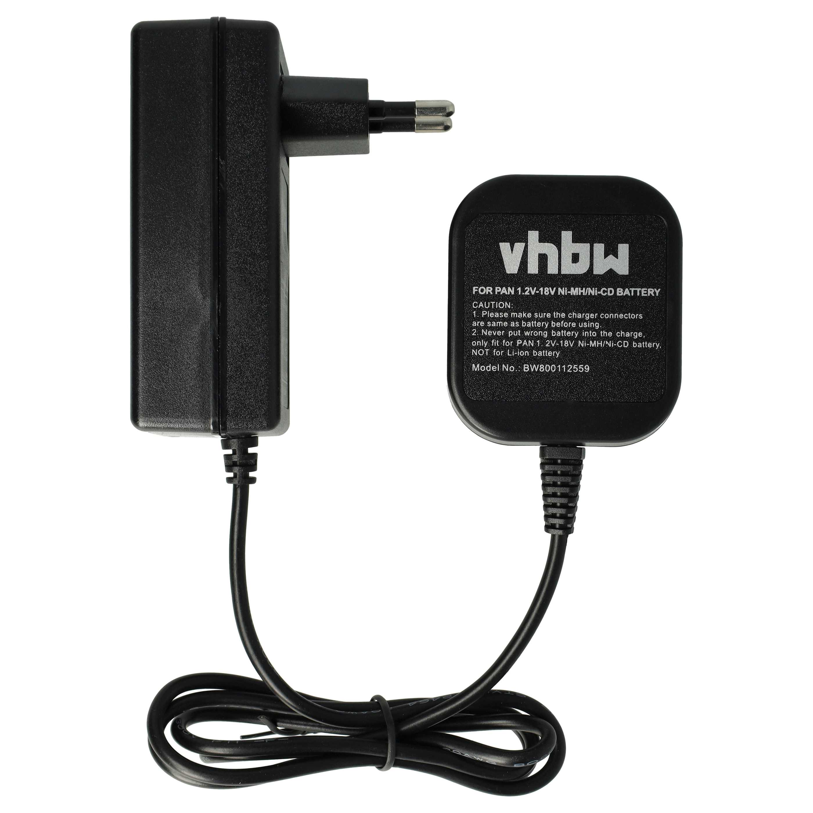 Schwarzes Ladegerät mit Stecker und einem quadratischen Ladeanschluss mit Text. Ein schwarzes Kabel verbindet die zwei.