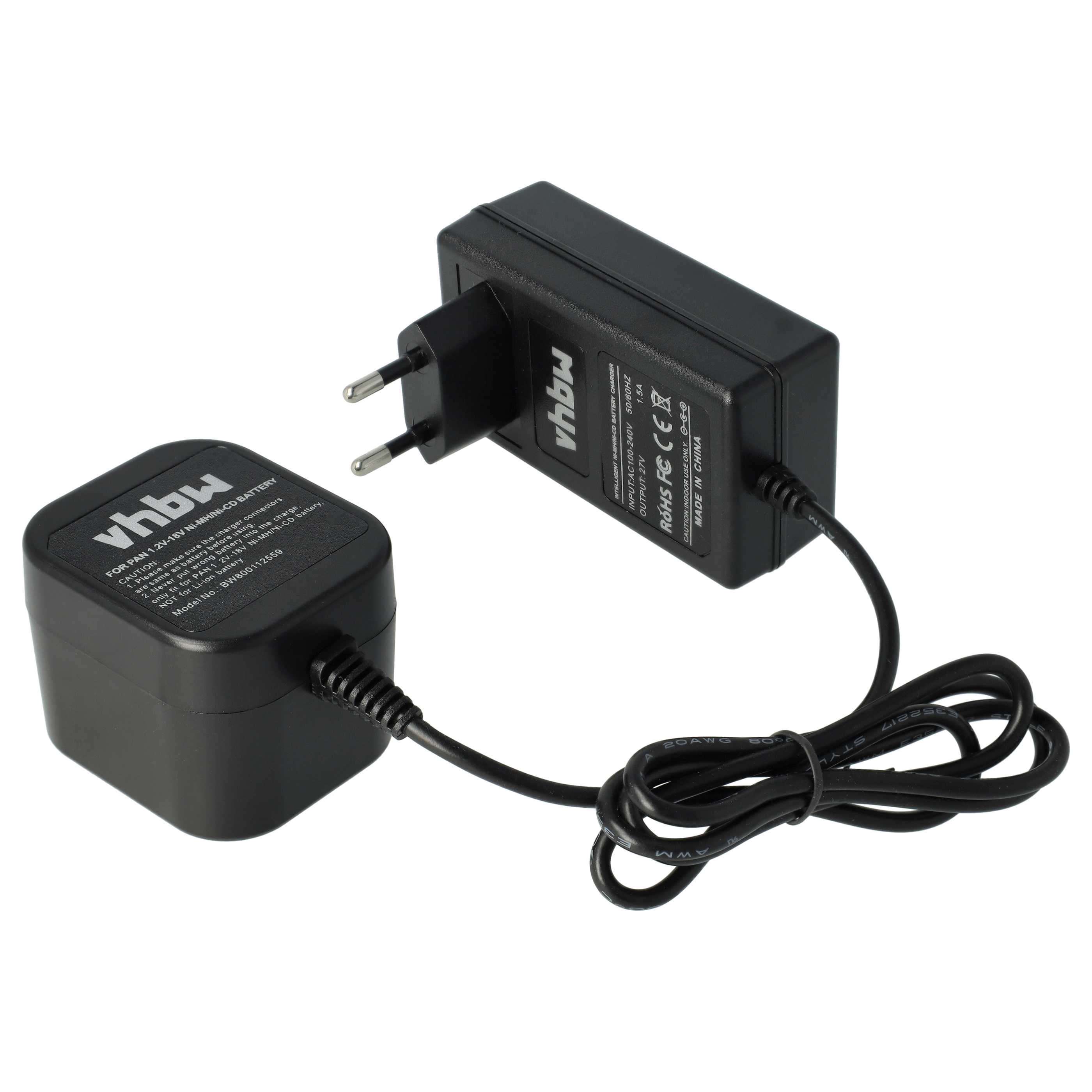 Ein schwarzes Ladegerät mit Kabel. Auf dem Ladegerät steht der Markenname "vhbw" und technische Daten.