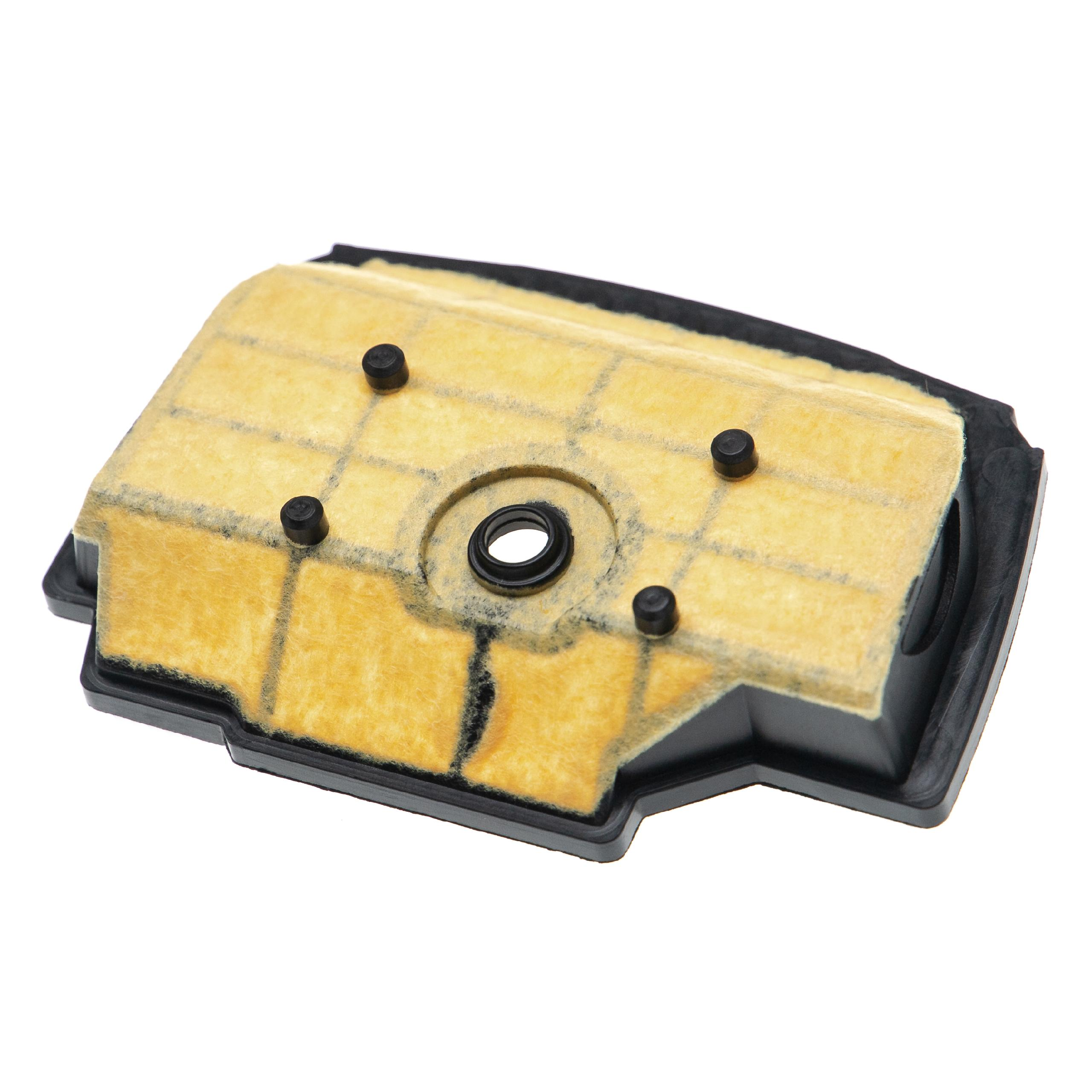 Ein Luftfilter für eine Maschine. Es hat einen gelben Filter in einem schwarzen Rahmen mit vier schwarzen Stiften.
