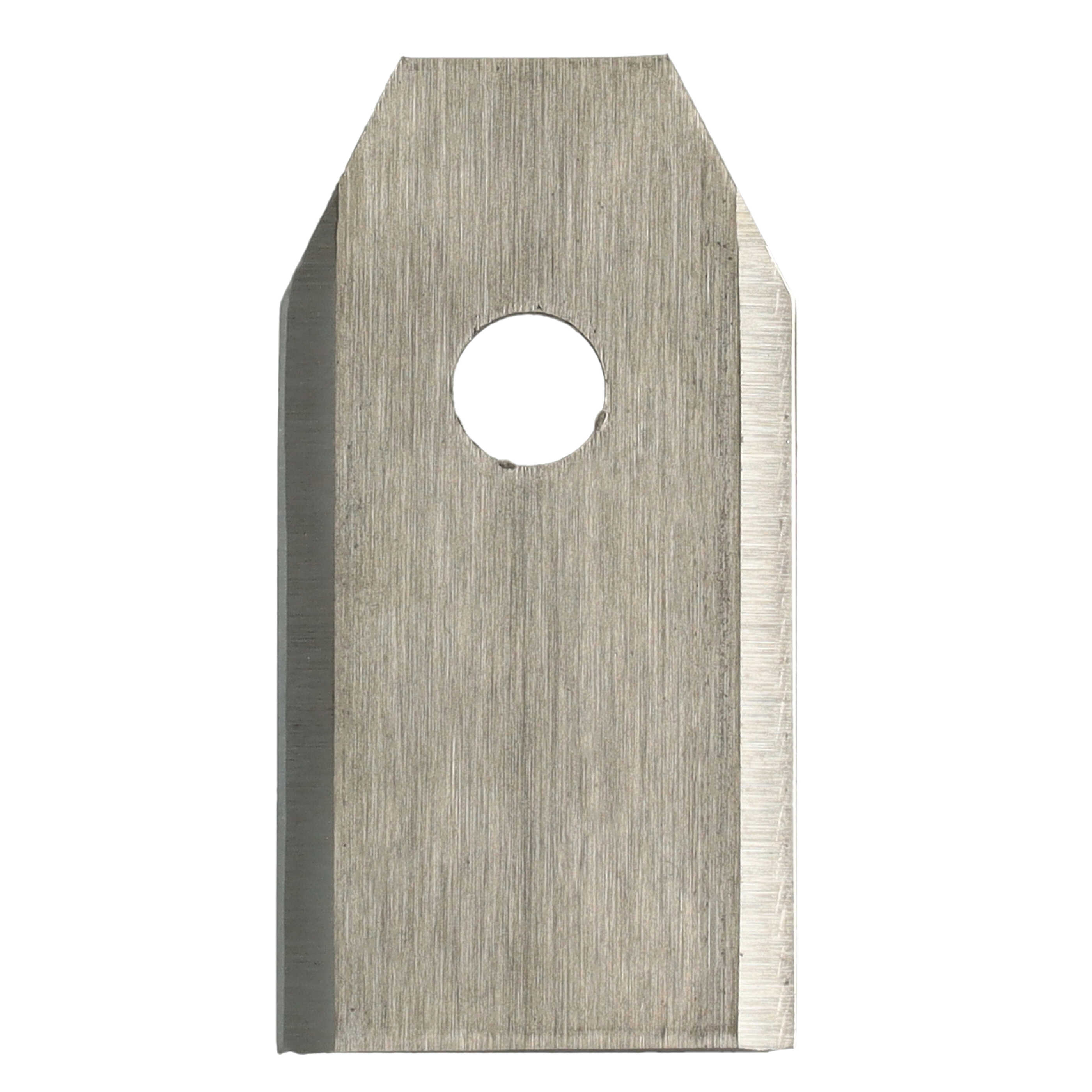 Eine Metallklinge mit einem Loch in der Mitte. Sie ist grau und hat eine rechteckige Form mit einer geschärften Kante.