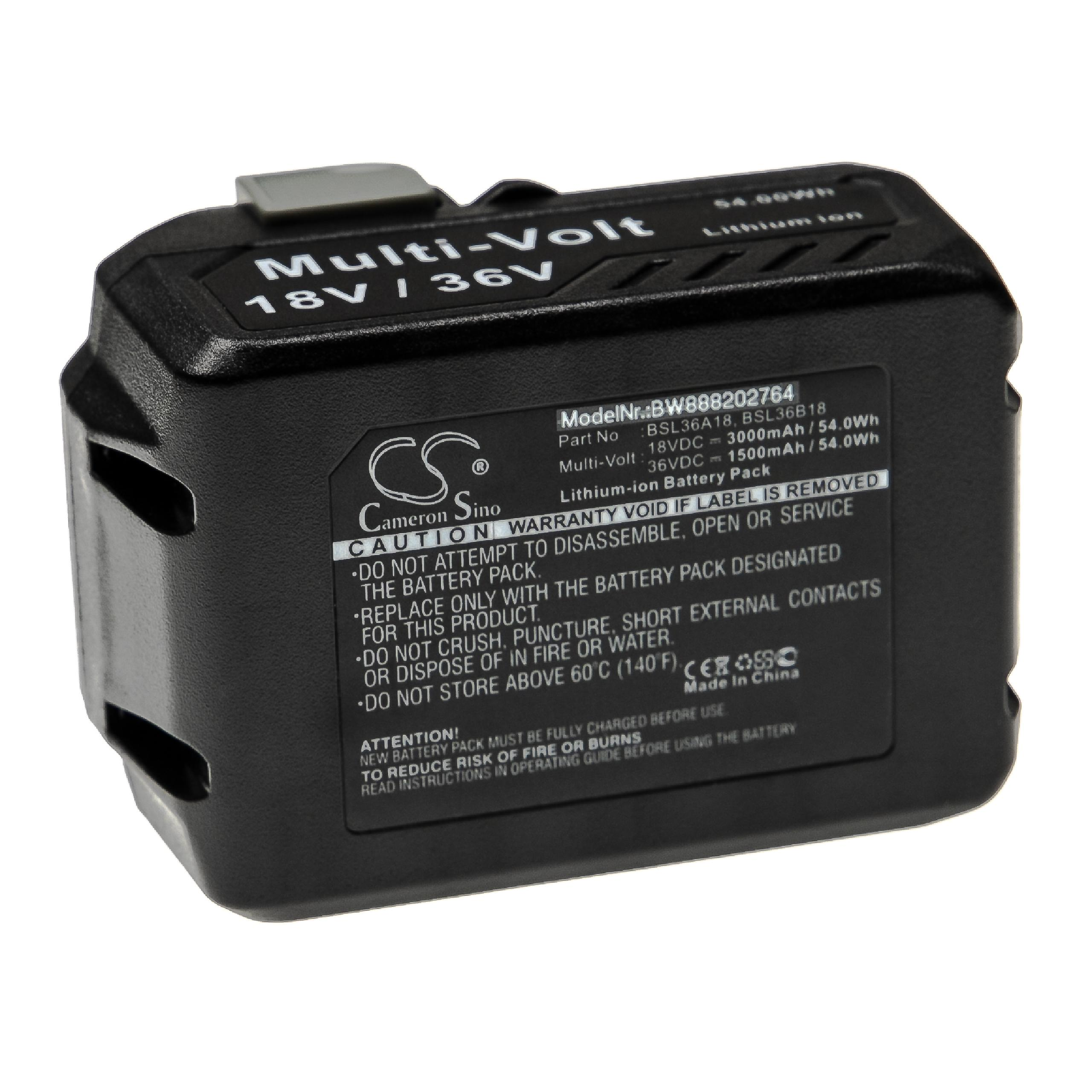 Schwarzer Multi-Volt 18V/36V Akku mit Etiketten, Text und Sicherheitshinweisen. Enthält die Marke Cameron Sino.