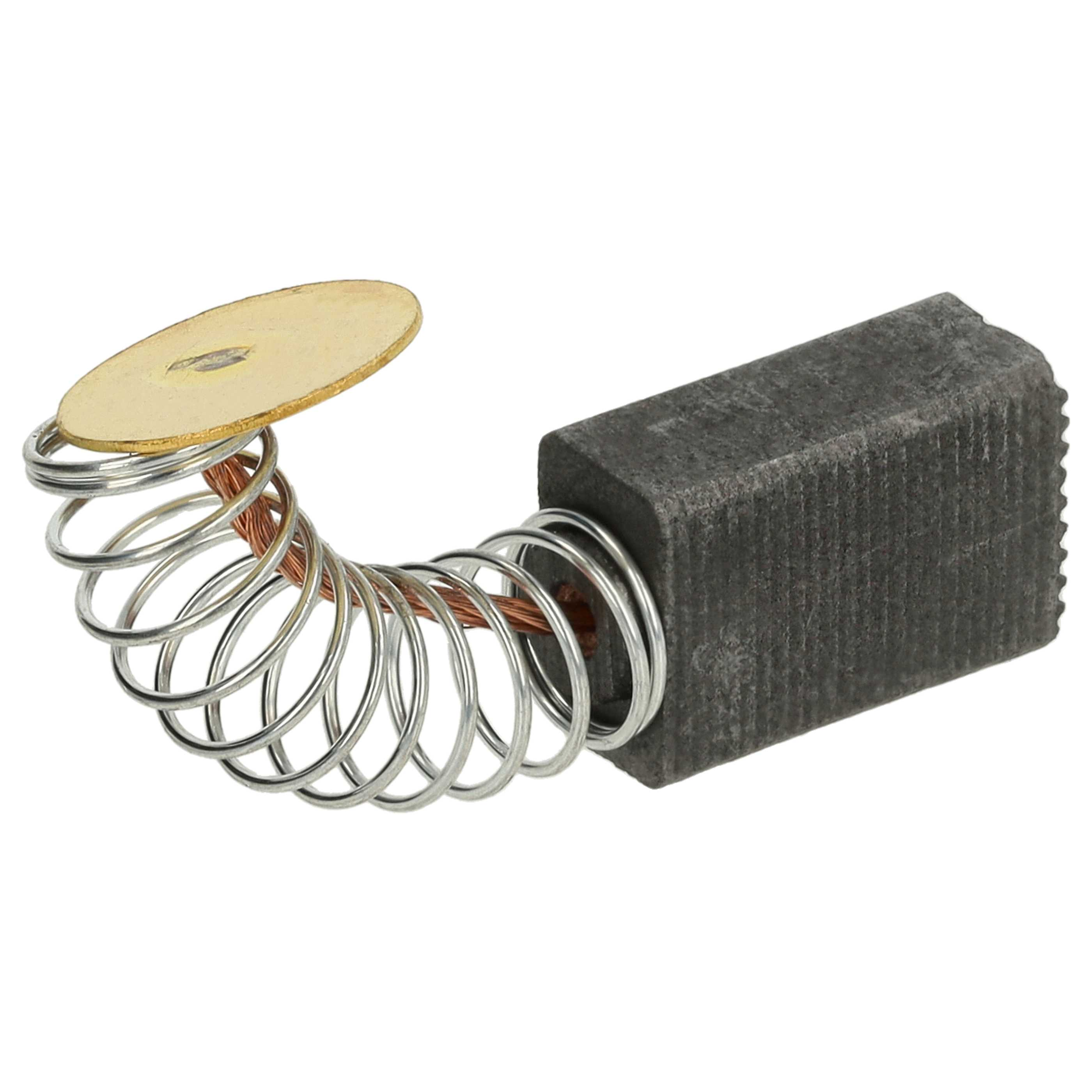 Ein Kohlebürste mit einer goldfarbenen Metallplatte, Kupferdraht und einer silbernen Feder sind an einem dunkelgrauen Block befestigt.