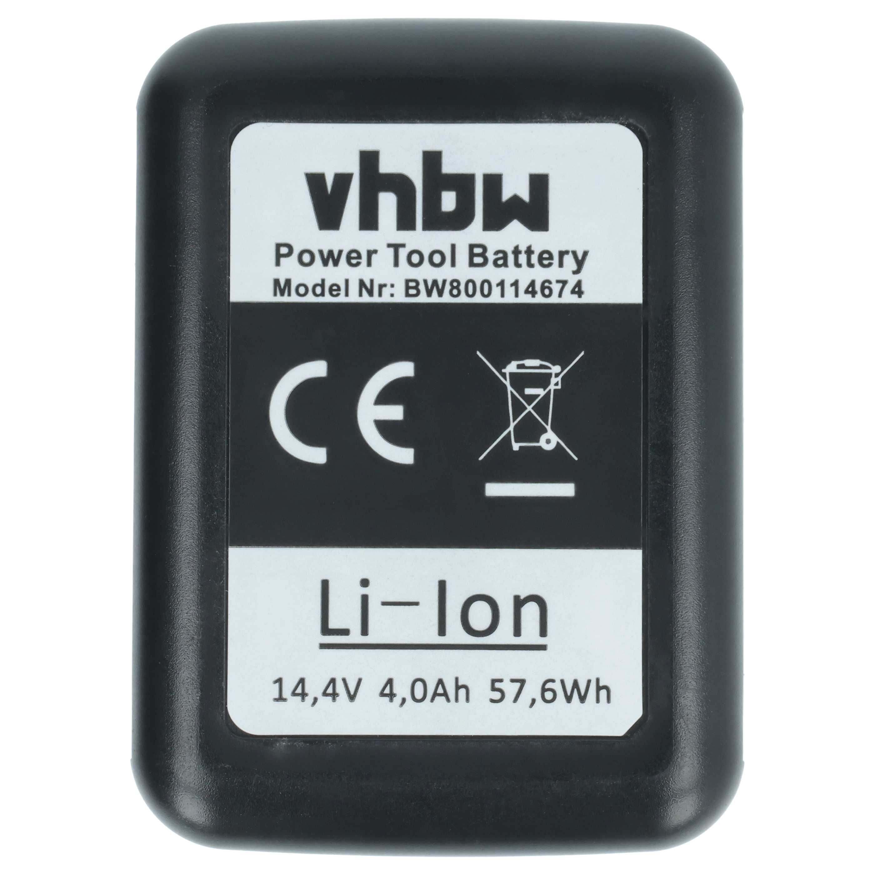 Ein schwarzer Akku mit weißem Etikett. Der Text auf dem Etikett lautet 'vhbw', 'Power Tool Battery' und 'Li-Ion'.