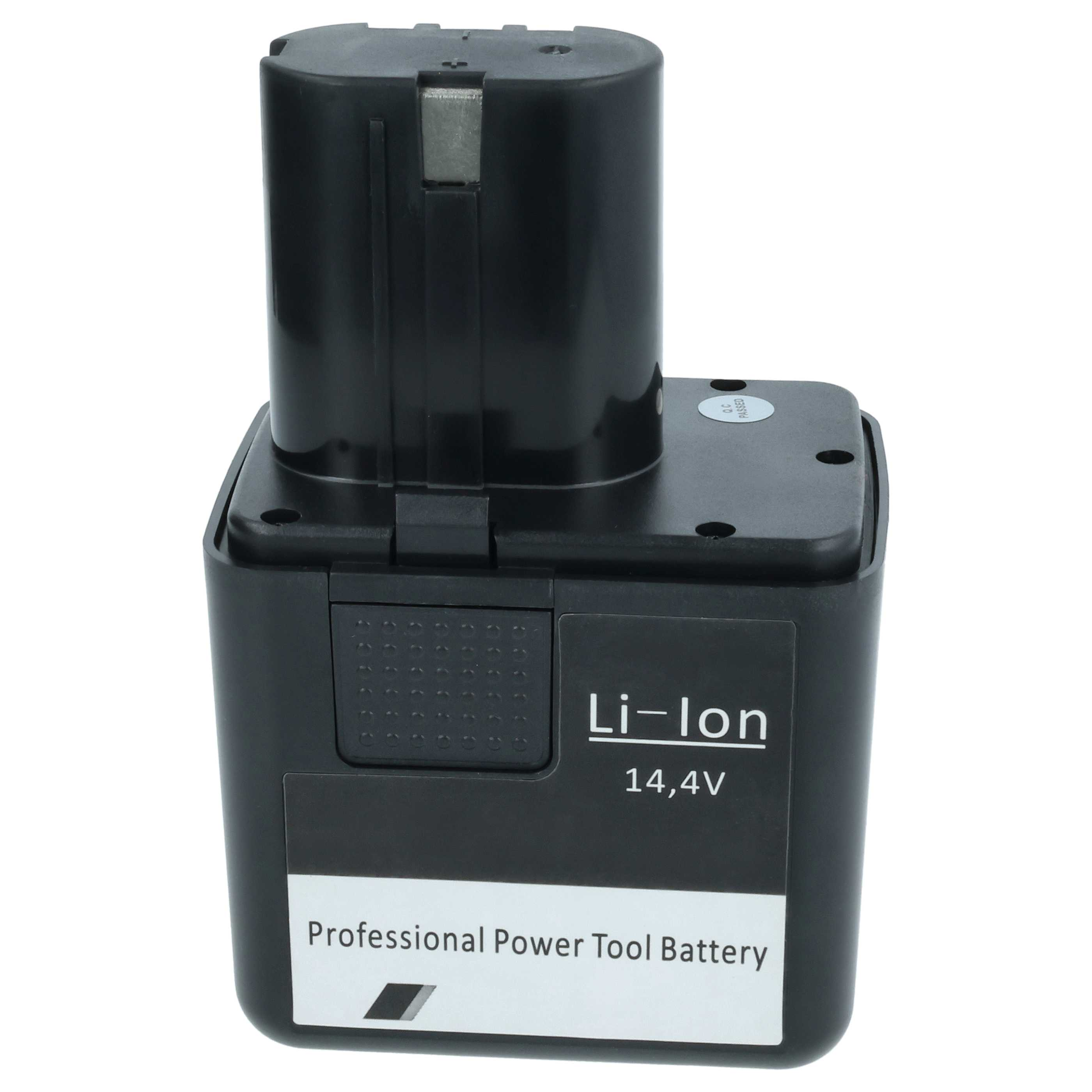 Schwarzer Li-Ionen-14,4-V-Profi-Elektrowerkzeugakku mit rechteckiger Basis und zylindrischem Oberteil.