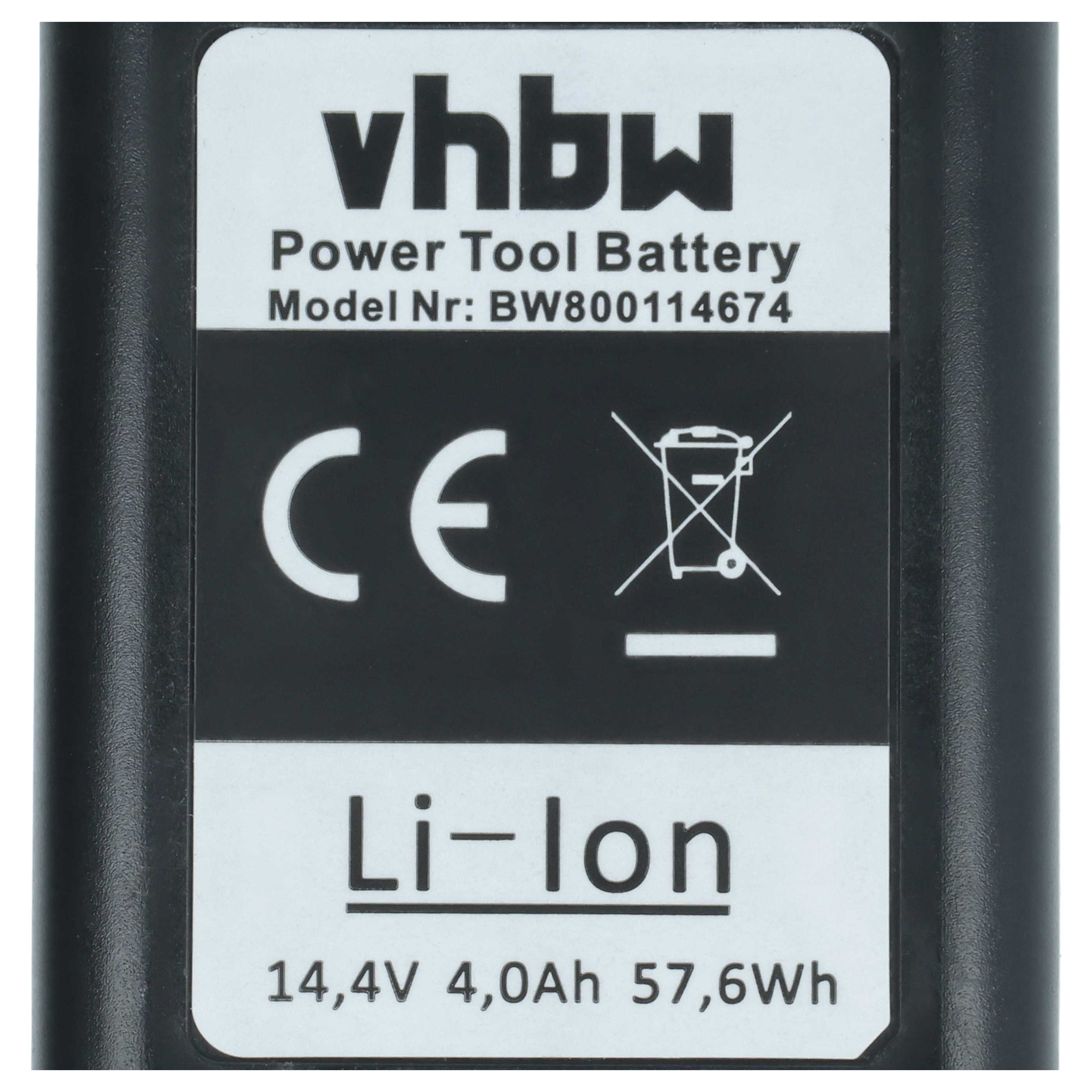 Ein schwarz-weißes Etikett mit Text: 'vhbw', 'Power Tool Battery', 'Li-Ion' und technischen Spezifikationen.