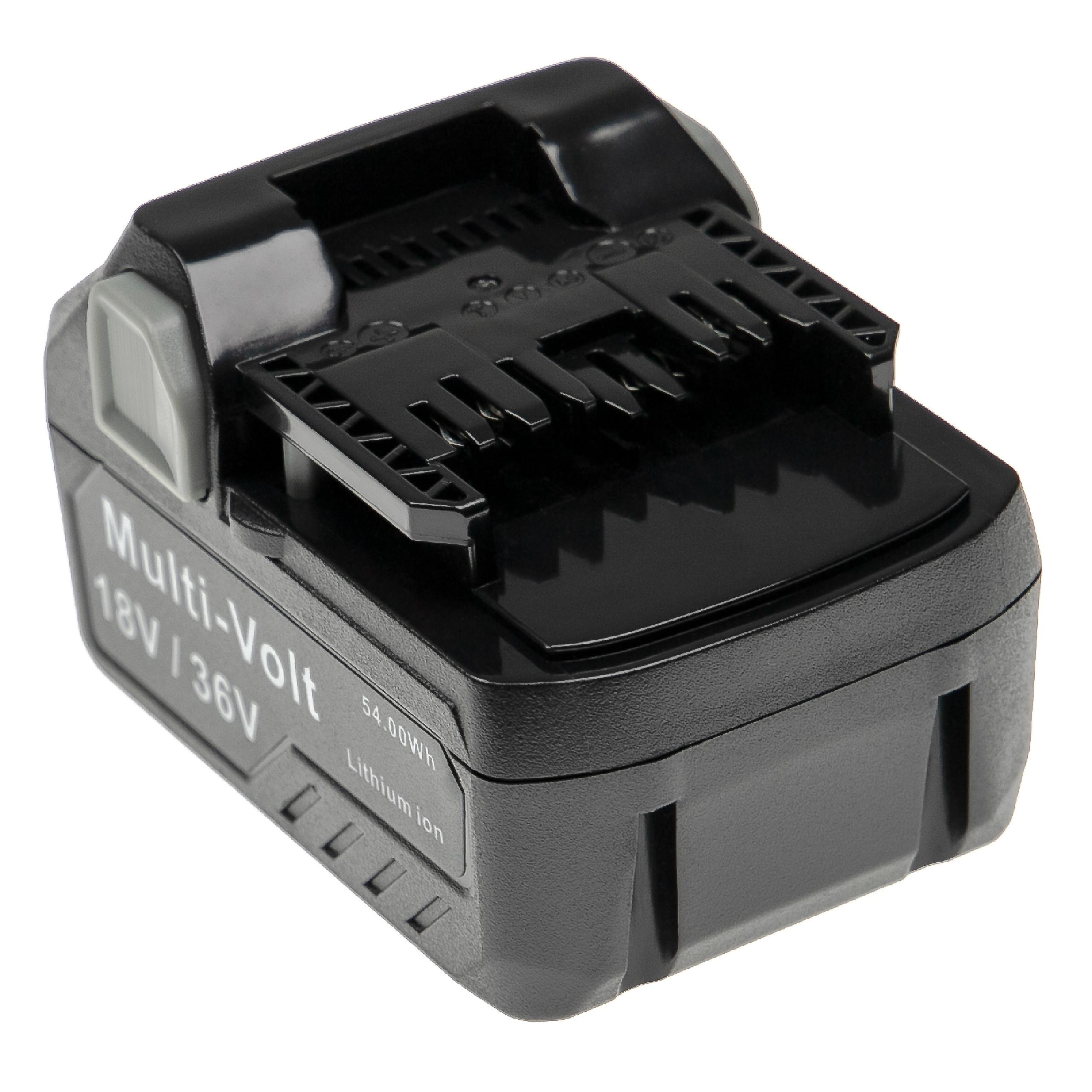 Ein schwarzer und grauer Multi-Volt 18V/36V Lithium-Ionen-Akku. Er hat einen schwarzen oberen Teil mit einem Anschluss und eine graue Seitentaste.