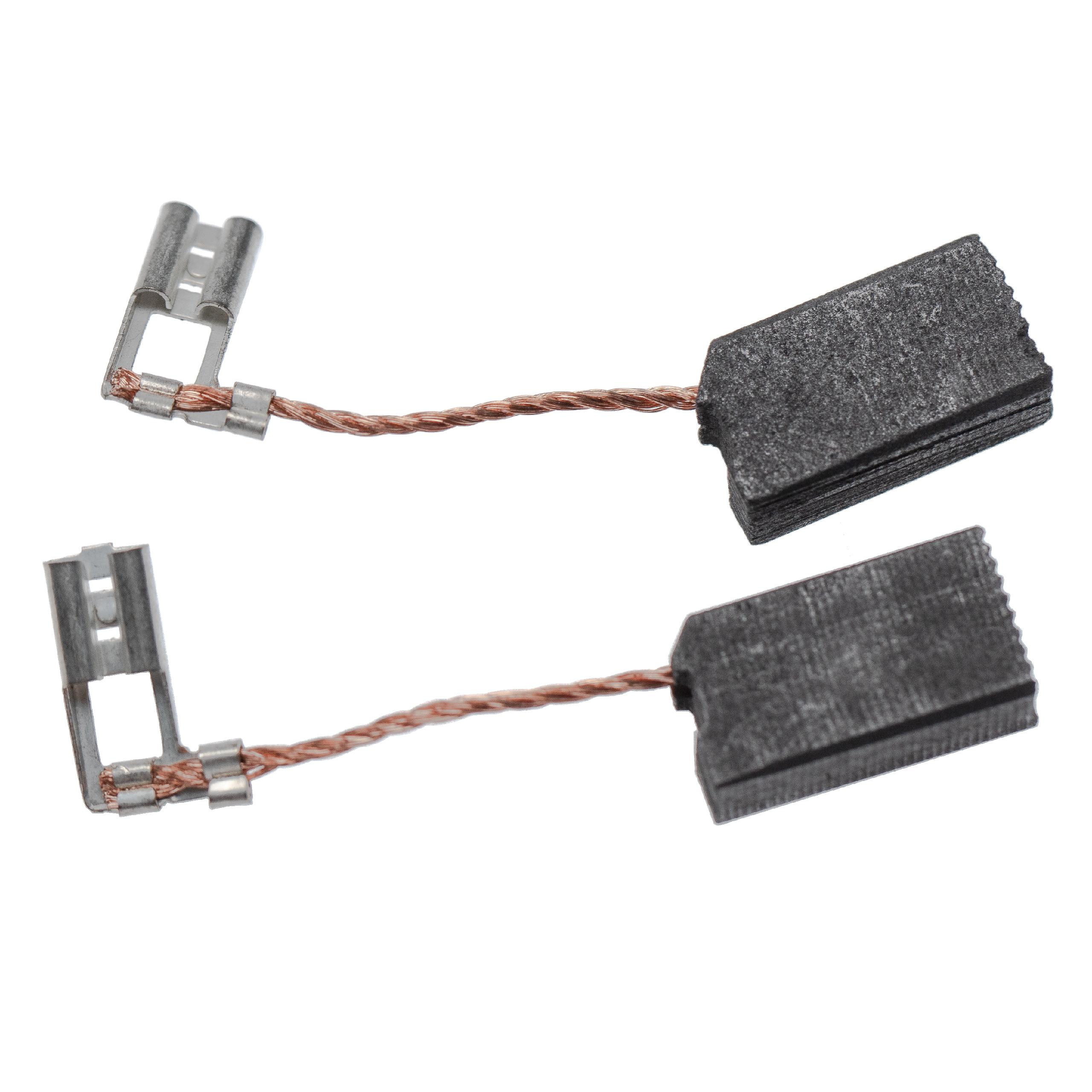 Zwei Kohlebürsten für einen Elektromotor. Jede hat einen Metallanschluss, Kupferdraht und einen rechteckigen, dunkelgrauen Kohleblock.
