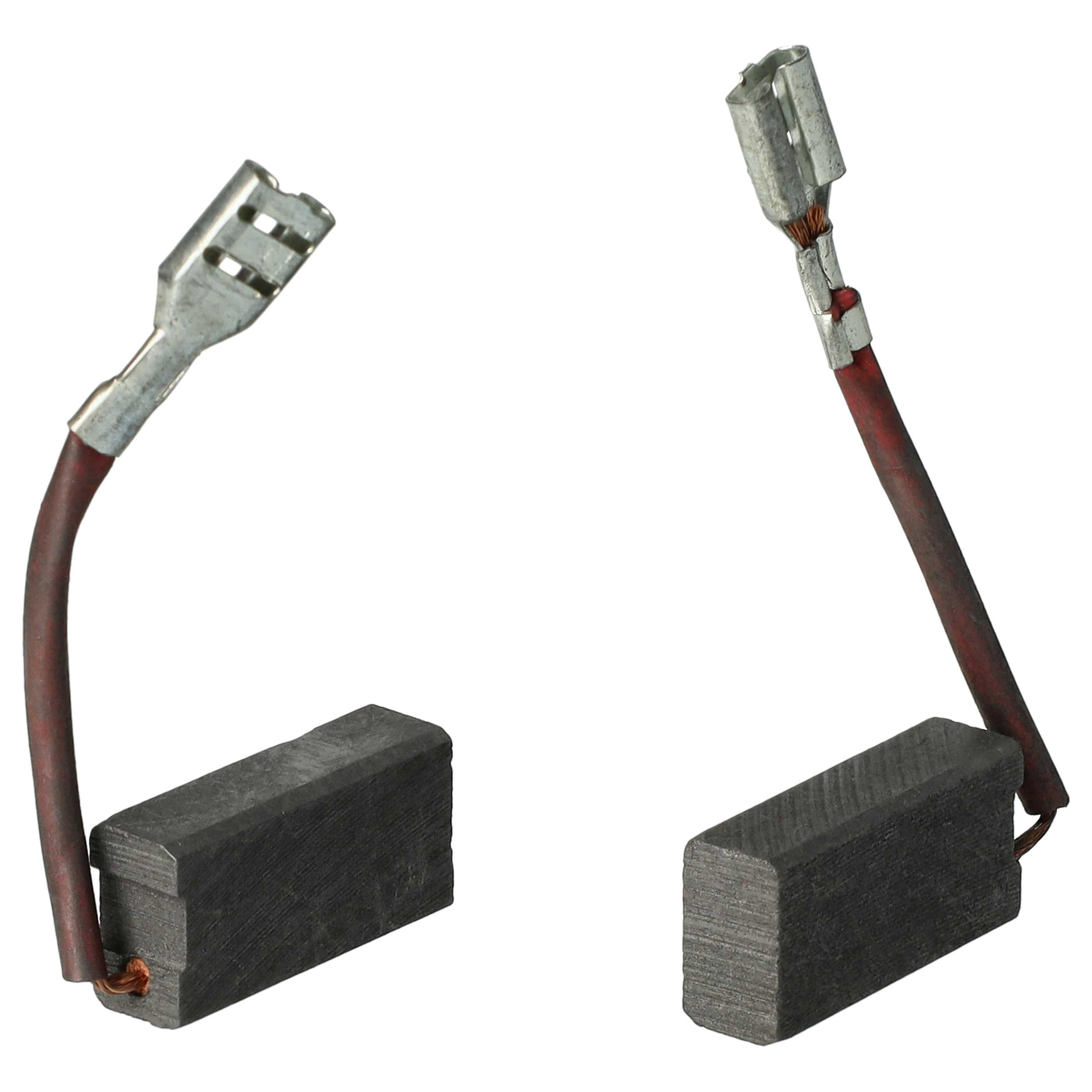 Zwei Kohlebürsten mit Metallanschlüssen. Eine hat ein rotes Kabel, die andere ein graues Kabel und befindet sich rechts.