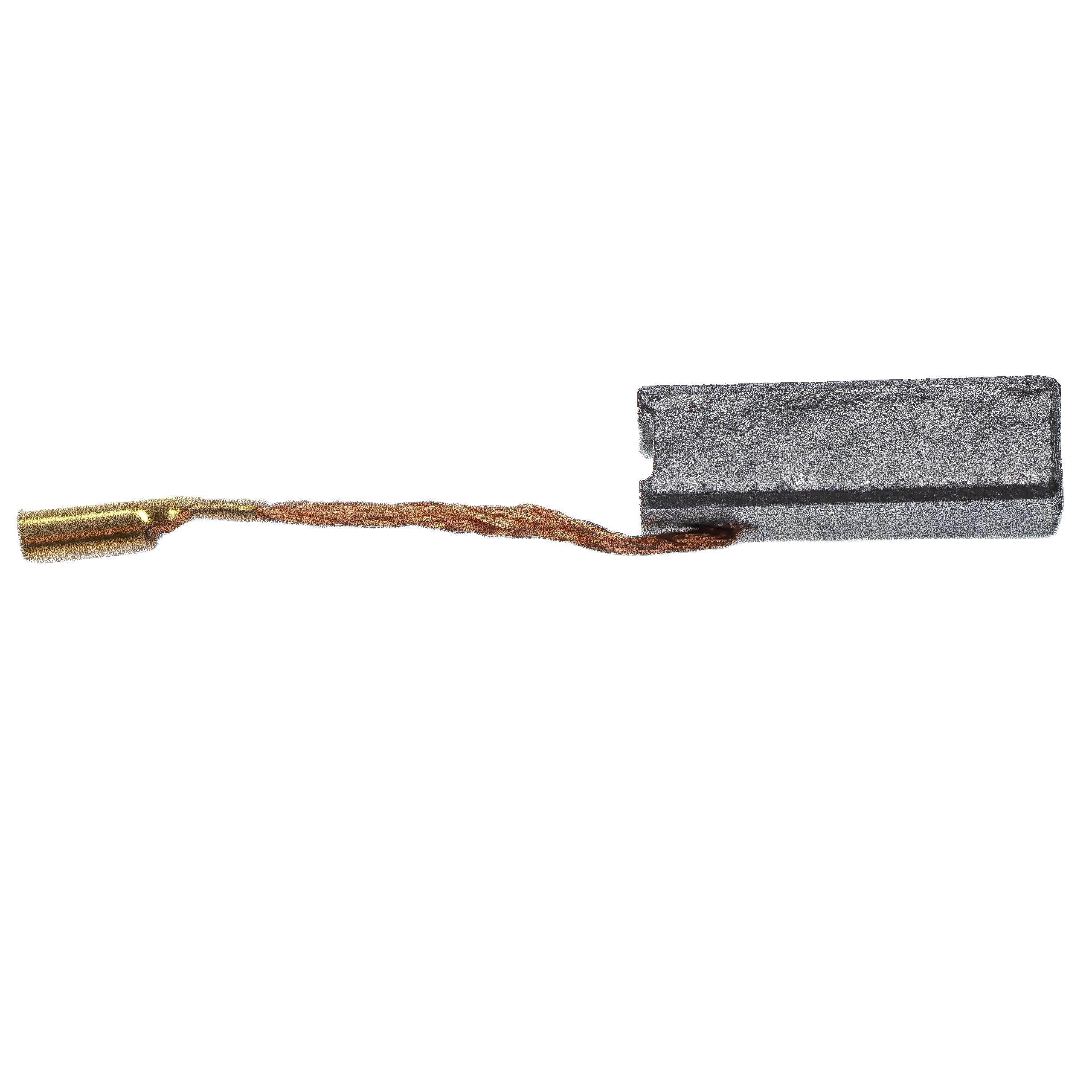 Ein Kohlebürste mit Kupferdraht und einem Messingstecker, isoliert auf weißem Hintergrund.