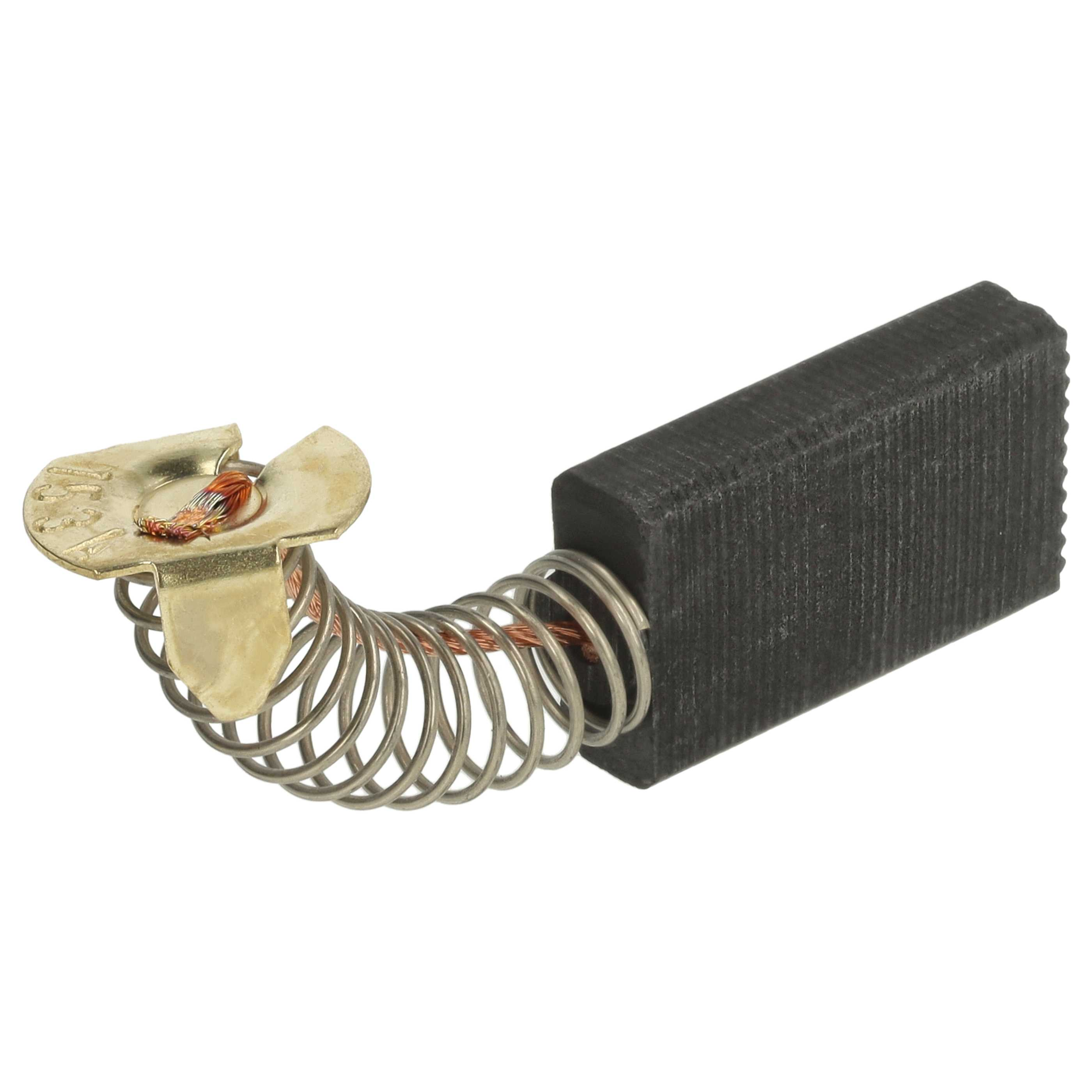 Ein Kohlebürste mit Messing-Kontaktplatte, Kupfer-Spiralfeder und rechteckigem Kohleblock vor weißem Hintergrund.