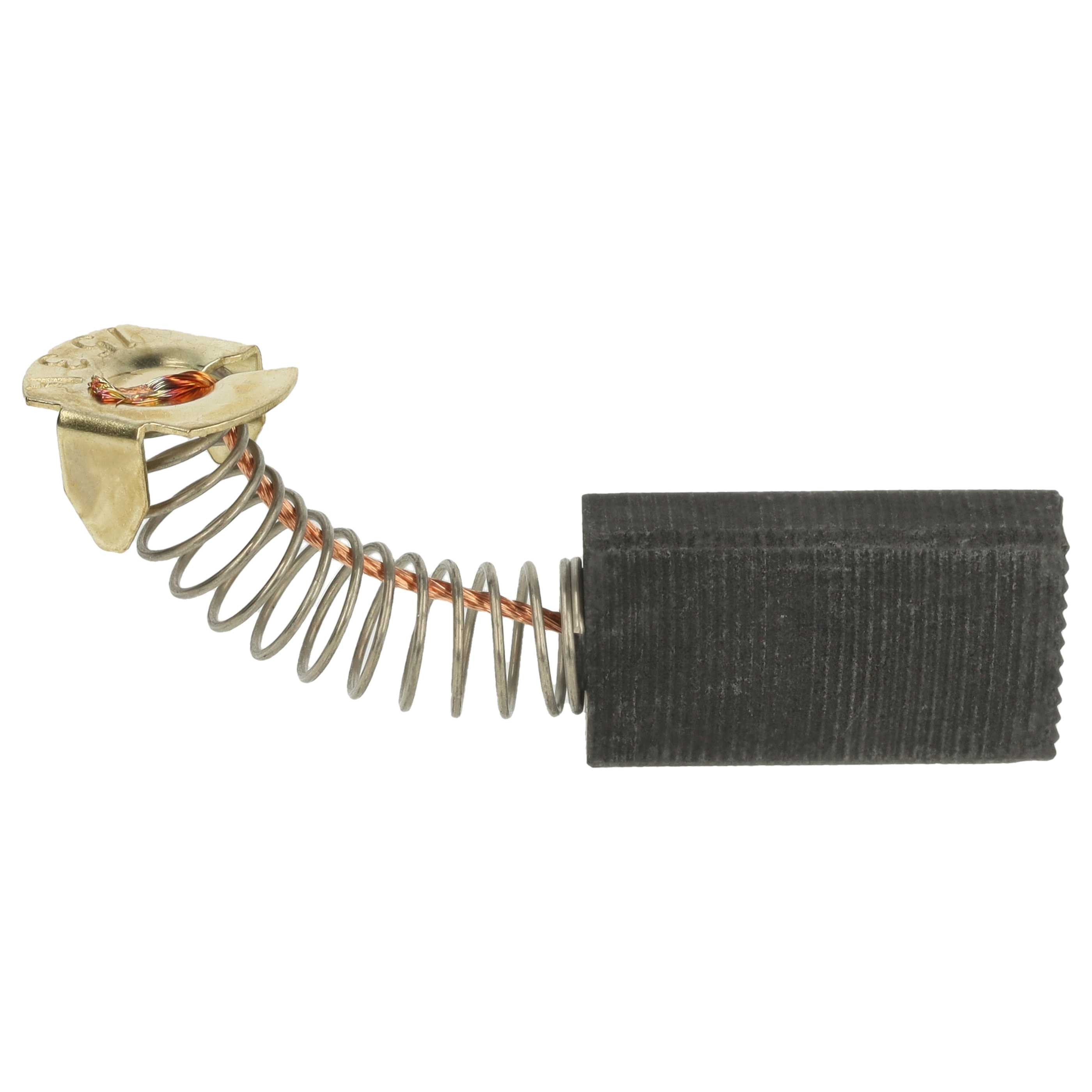 Ein Kohlebürste mit Metallhalterung, einer Kupferspirale und einem rechteckigen Kohleblock, vor weißem Hintergrund.