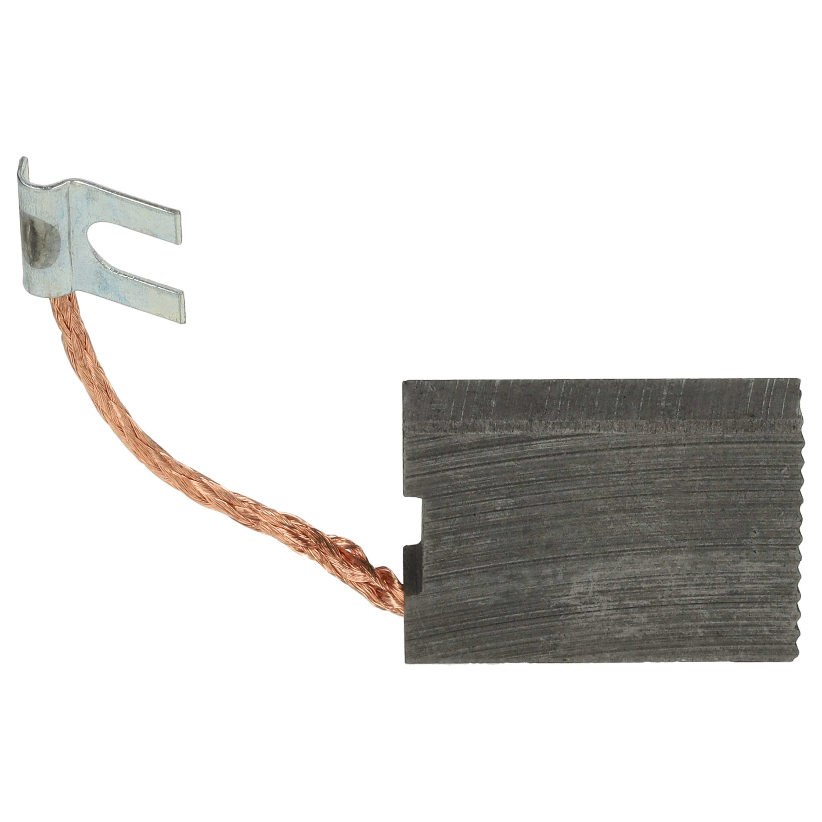 Ein Kohlebürste mit Metallverbinder und Kupferdraht. Die Bürste ist dunkelgrau, der Draht ist kupferfarben, der Hintergrund ist weiß.