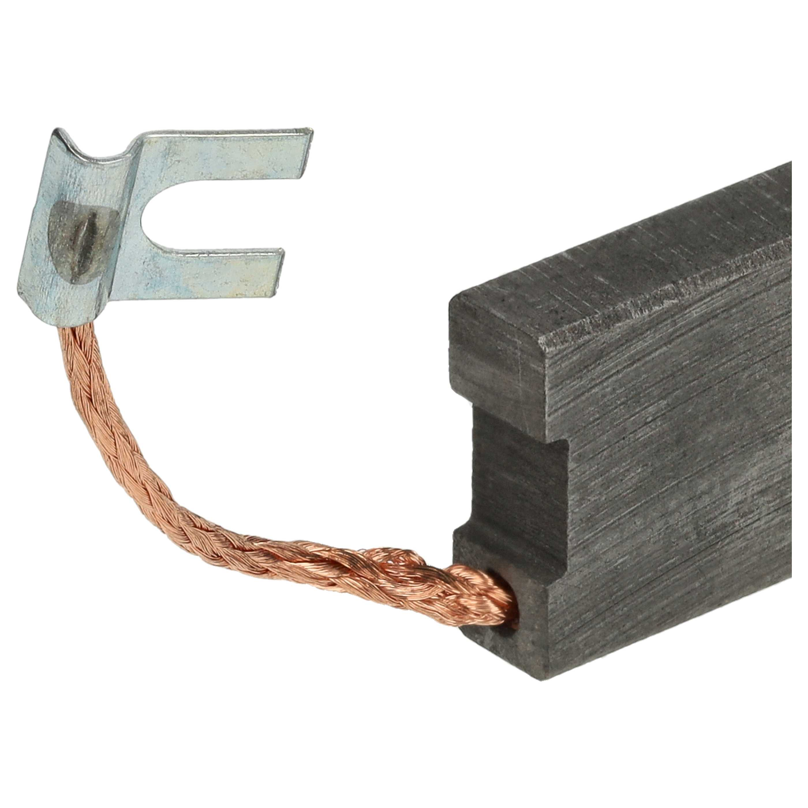Nahaufnahme einer Kohlebürste mit Metallanschluss und Kupferdraht. Die Bürste ist dunkelgrau, der Draht ist kupferfarben.