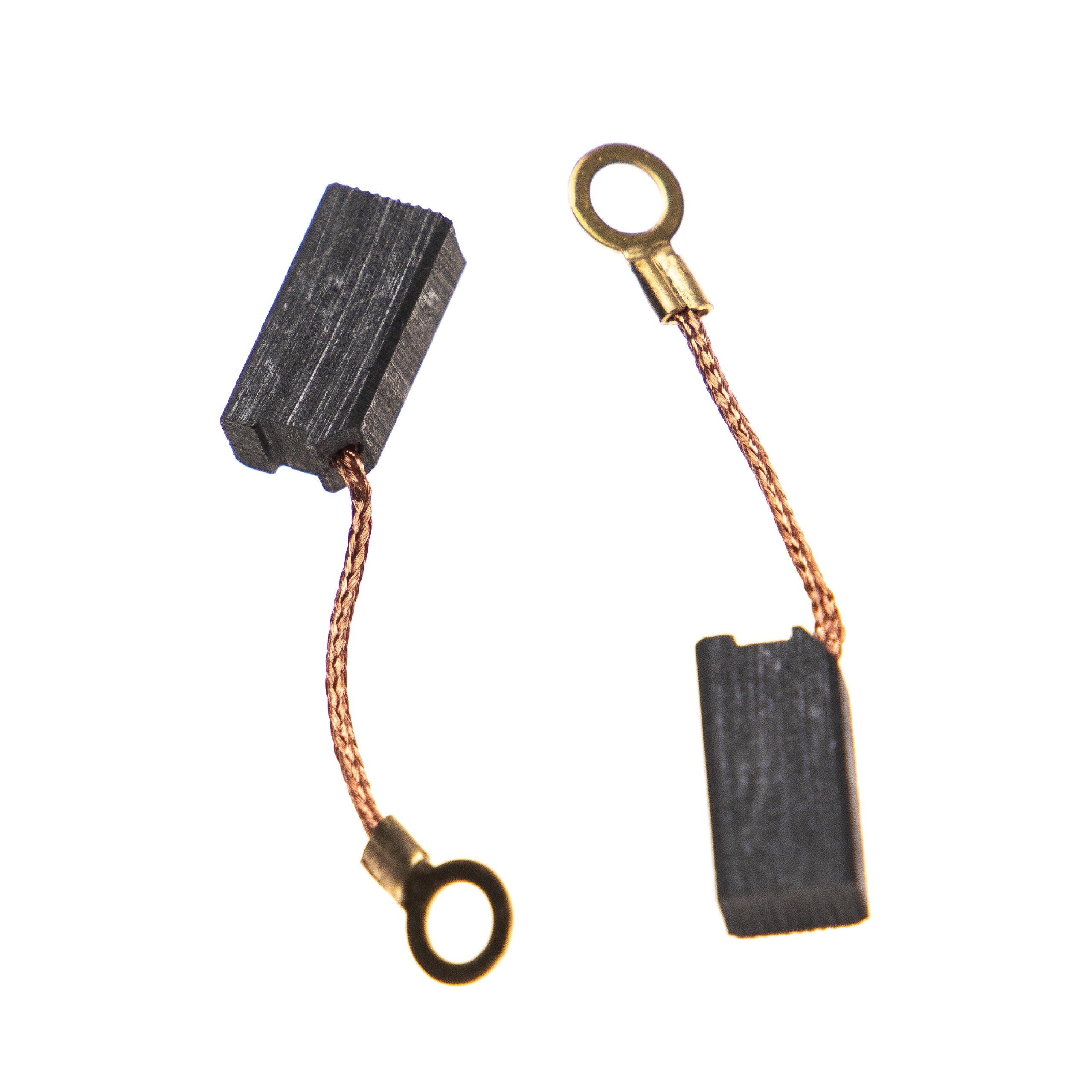 Zwei schwarze Kohlebürsten mit Kupferdrähten und goldfarbenen Ringkabelschuhen sind vor weißem Hintergrund isoliert.