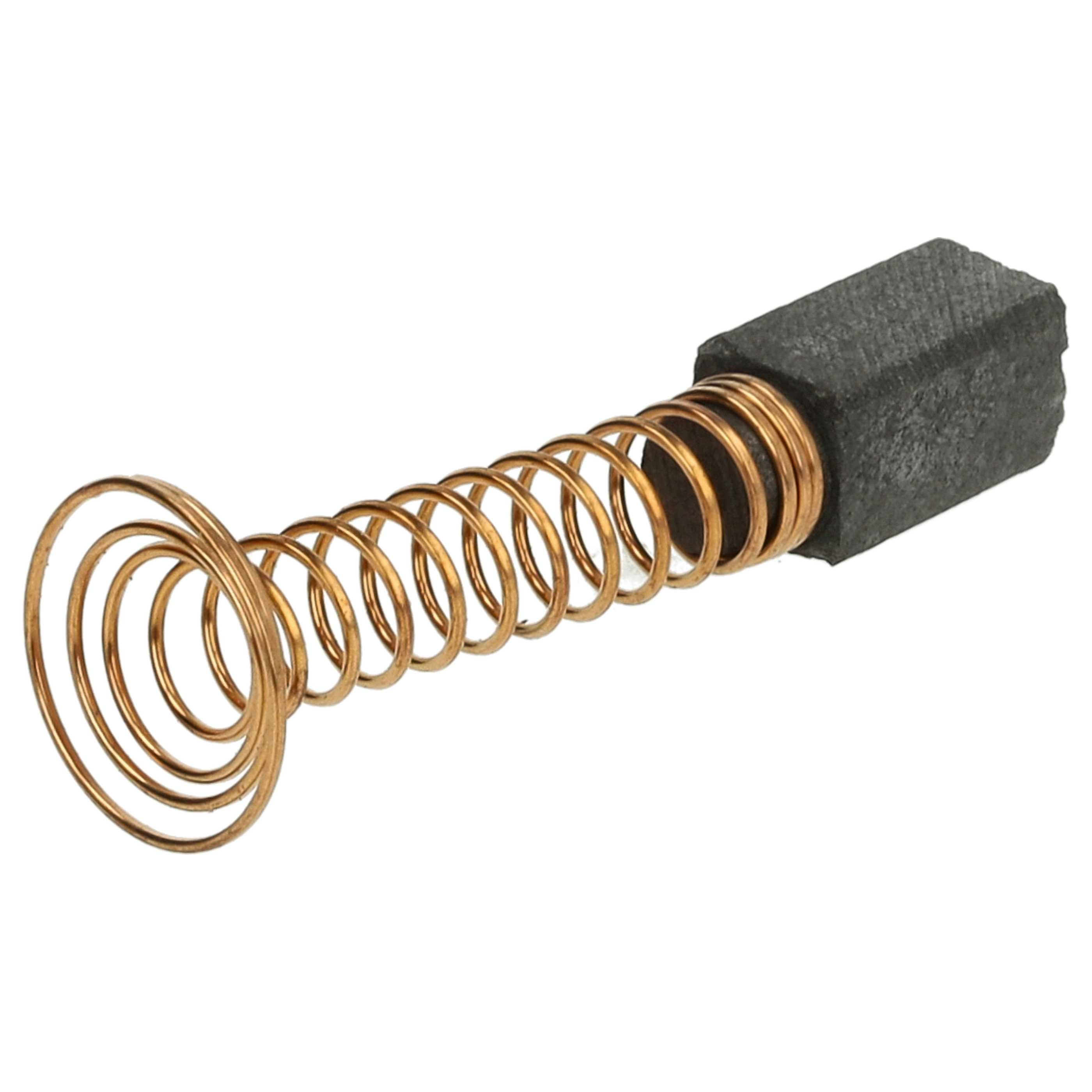 Ein Kohlebürste mit einer Goldfeder. Die Bürste ist dunkelgrau, die Feder ist eine Goldspirale, vor weißem Hintergrund.