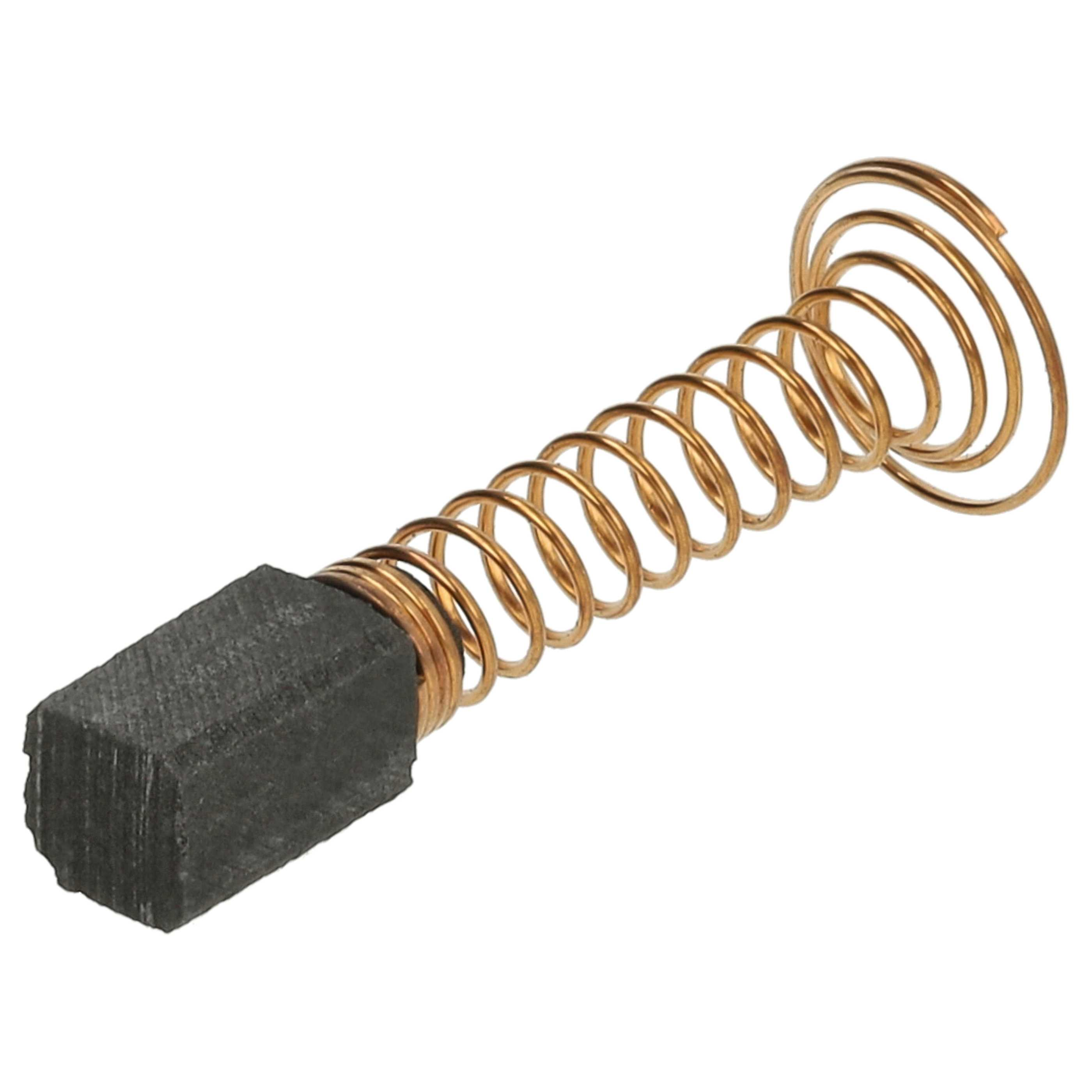 Eine Kohlebürste mit einer Kupferspirale. Die Bürste ist dunkelgrau und die Feder goldfarben. Der Hintergrund ist weiß.
