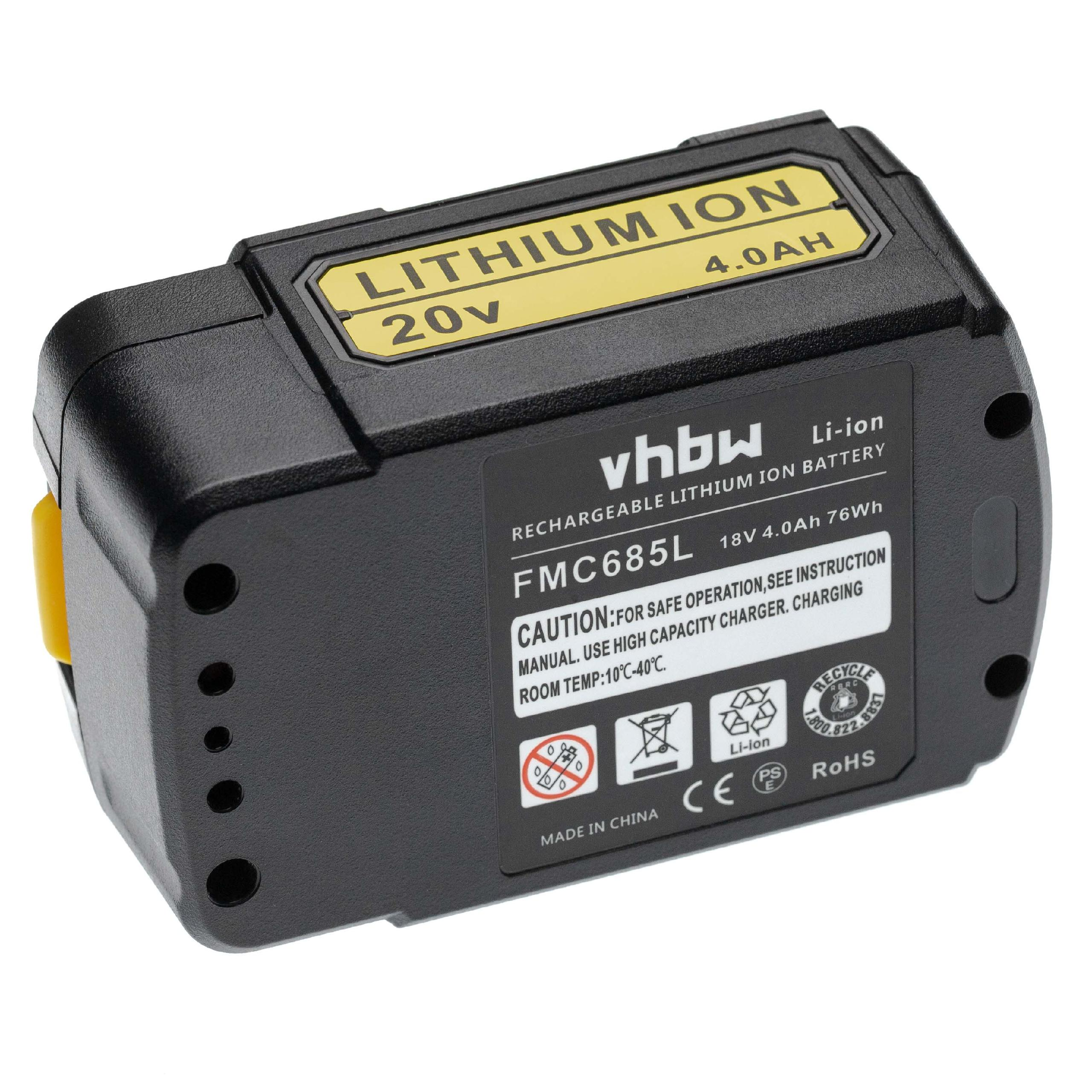 Schwarzer und gelber Lithium-Ionen-Akku. Er hat Etiketten mit Text und Sicherheitssymbolen.