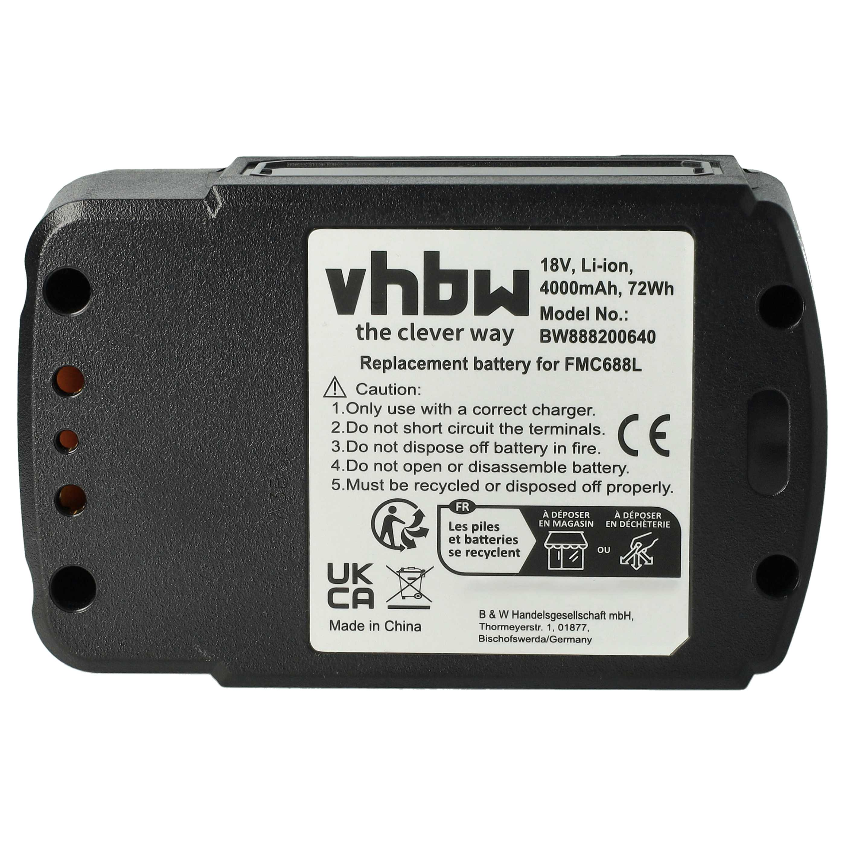 Schwarzer Akku mit weißem Etikett. Text enthält 'vhbw', '18V Li-ion' und Recycling-Symbole. Hergestellt in China.