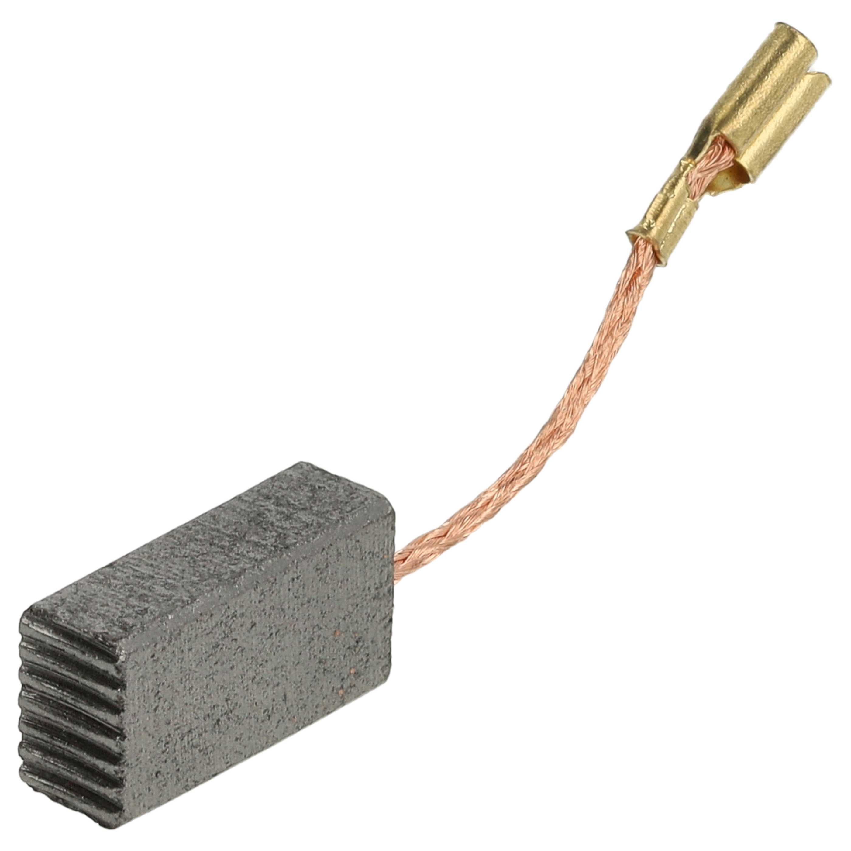 Ein rechteckiger grauer Kohlebürsten mit Kupferdraht und goldfarbenem Stecker auf weißem Hintergrund.