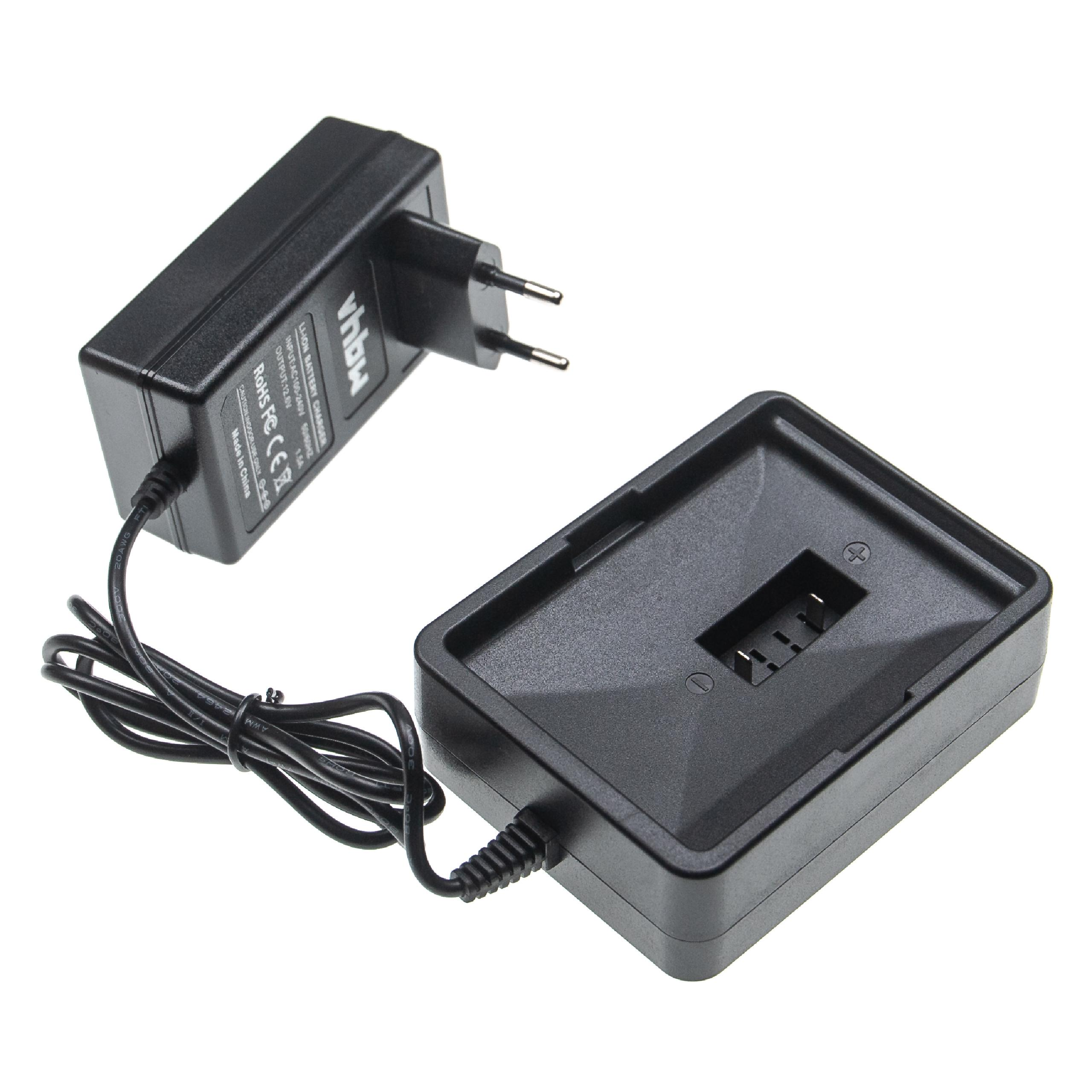 Schwarzes Ladegerät mit Stecker und Basis. Ladegerät über ein schwarzes Kabel mit der Basis verbunden, auf weißem Hintergrund.