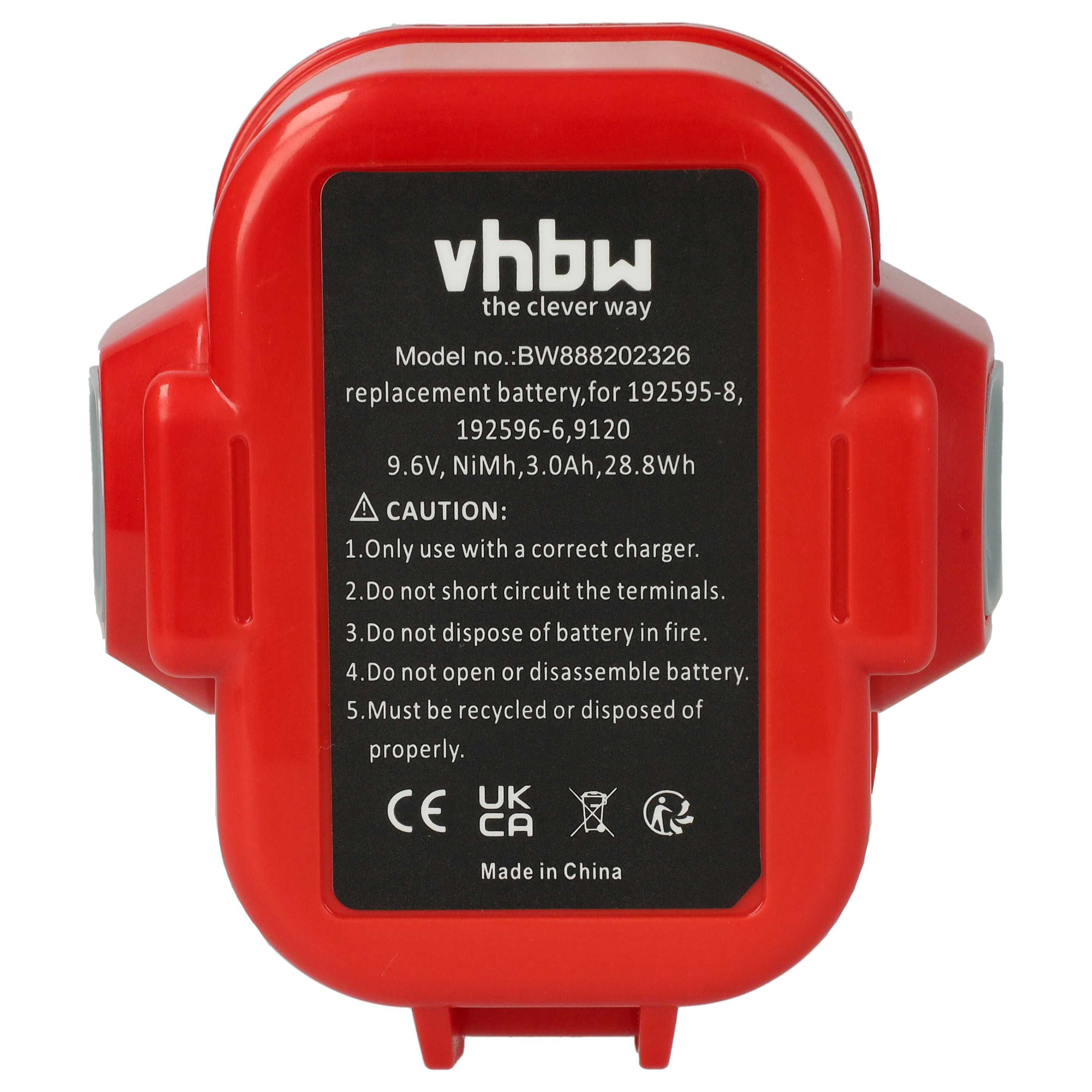Roter Akku mit schwarzem Etikett. Das Etikett enthält Text, darunter 'vhbw' und 'CAUTION'. Hergestellt in China.