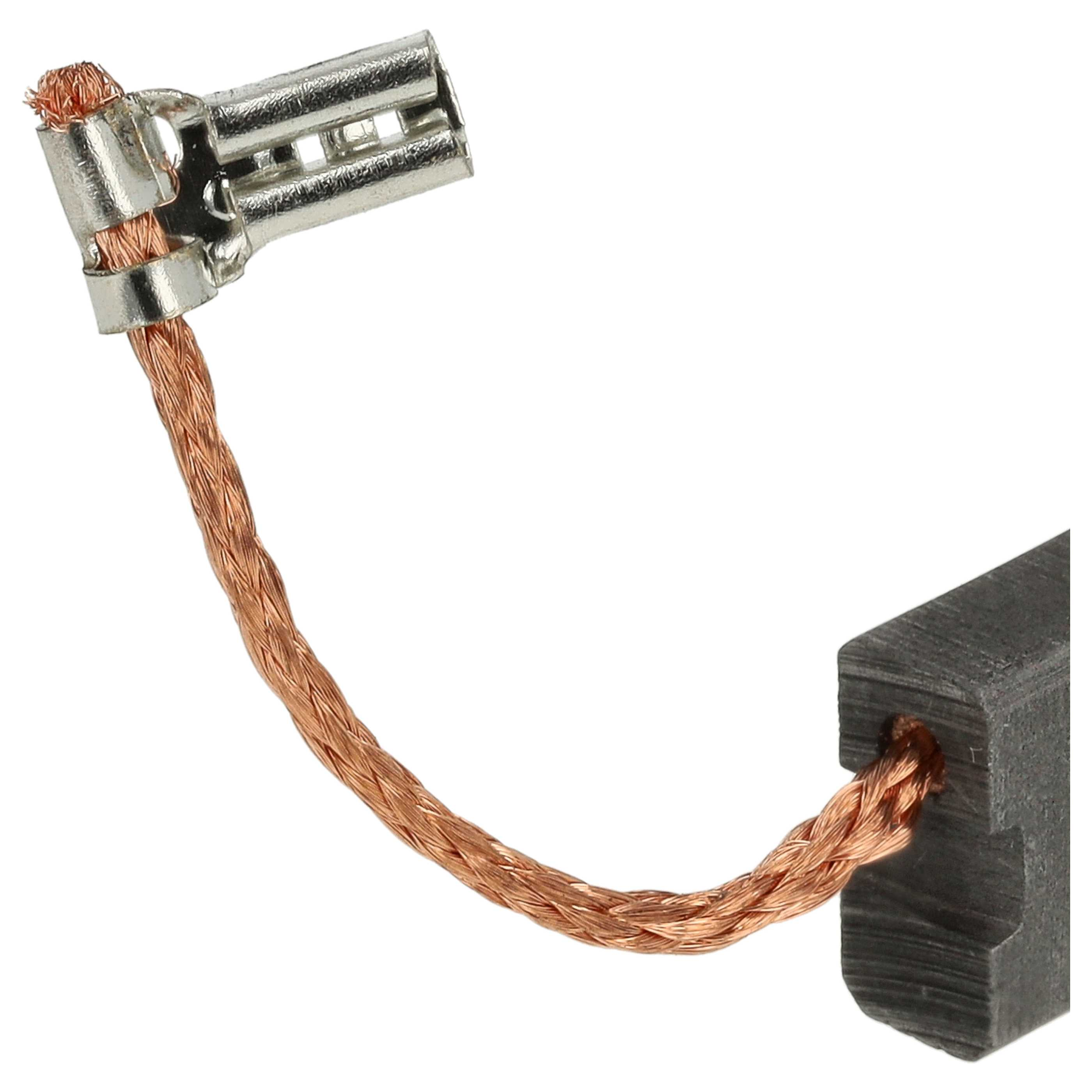Nahaufnahme eines Metallteils mit einem Kupferdraht, der an einem dunkelgrauen Block befestigt ist.