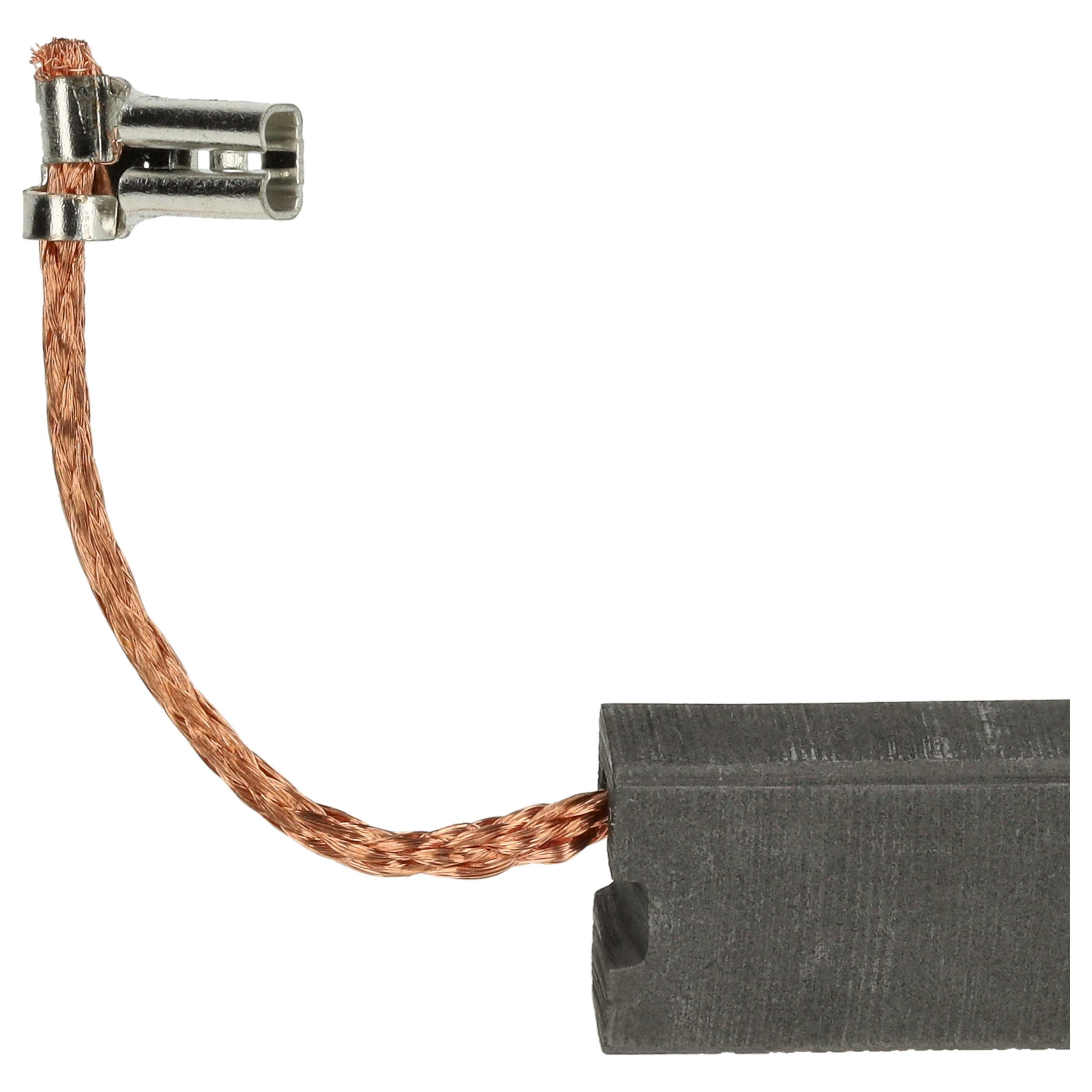 Nahaufnahme einer Kohlebürste mit Kupferdraht und Stecker vor weißem Hintergrund.